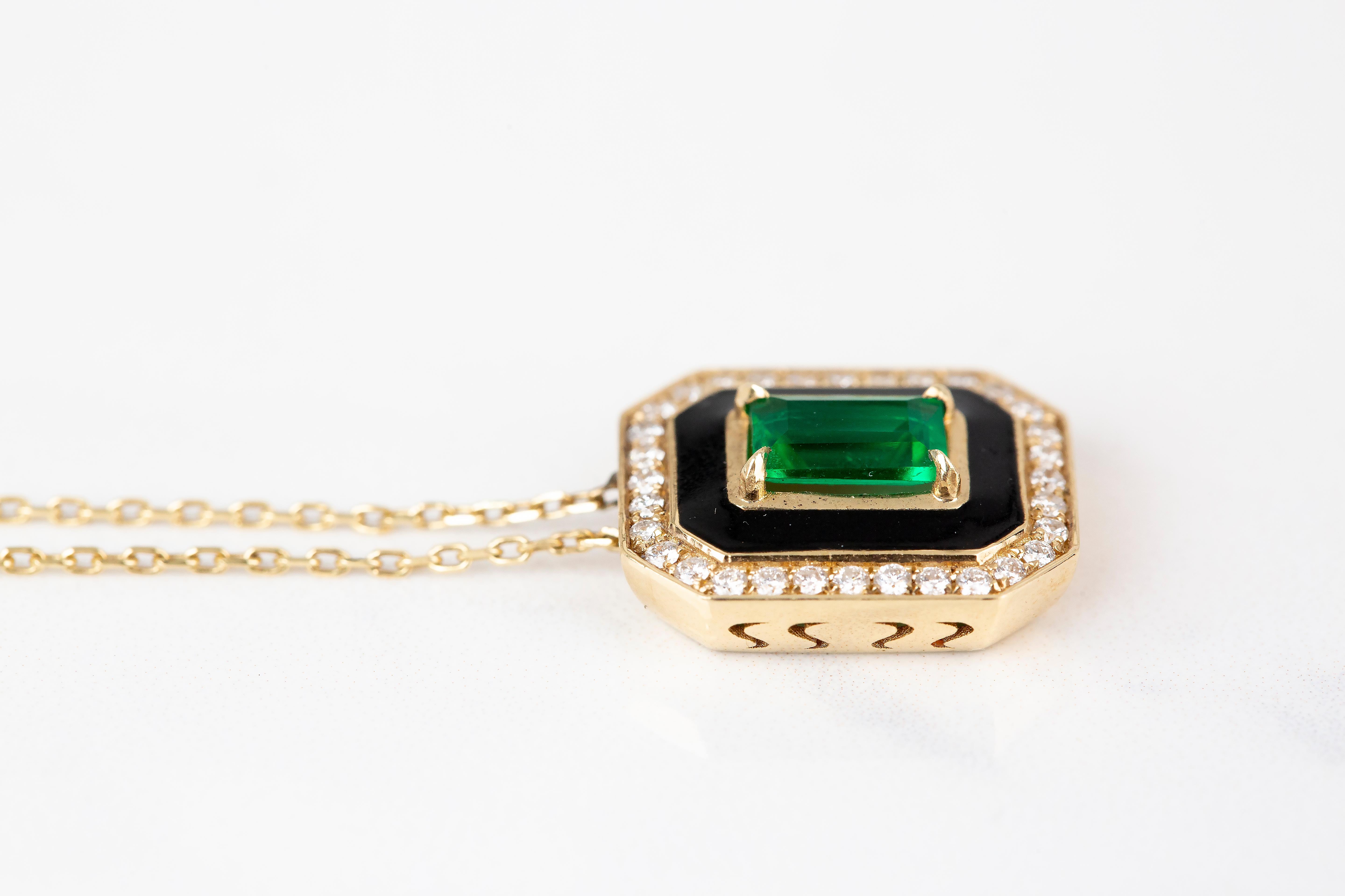 Art Deco Style Necklace 0.55 Ct Emerald and 0.21 ct Diamond 14K Gold Necklace For Sale 6