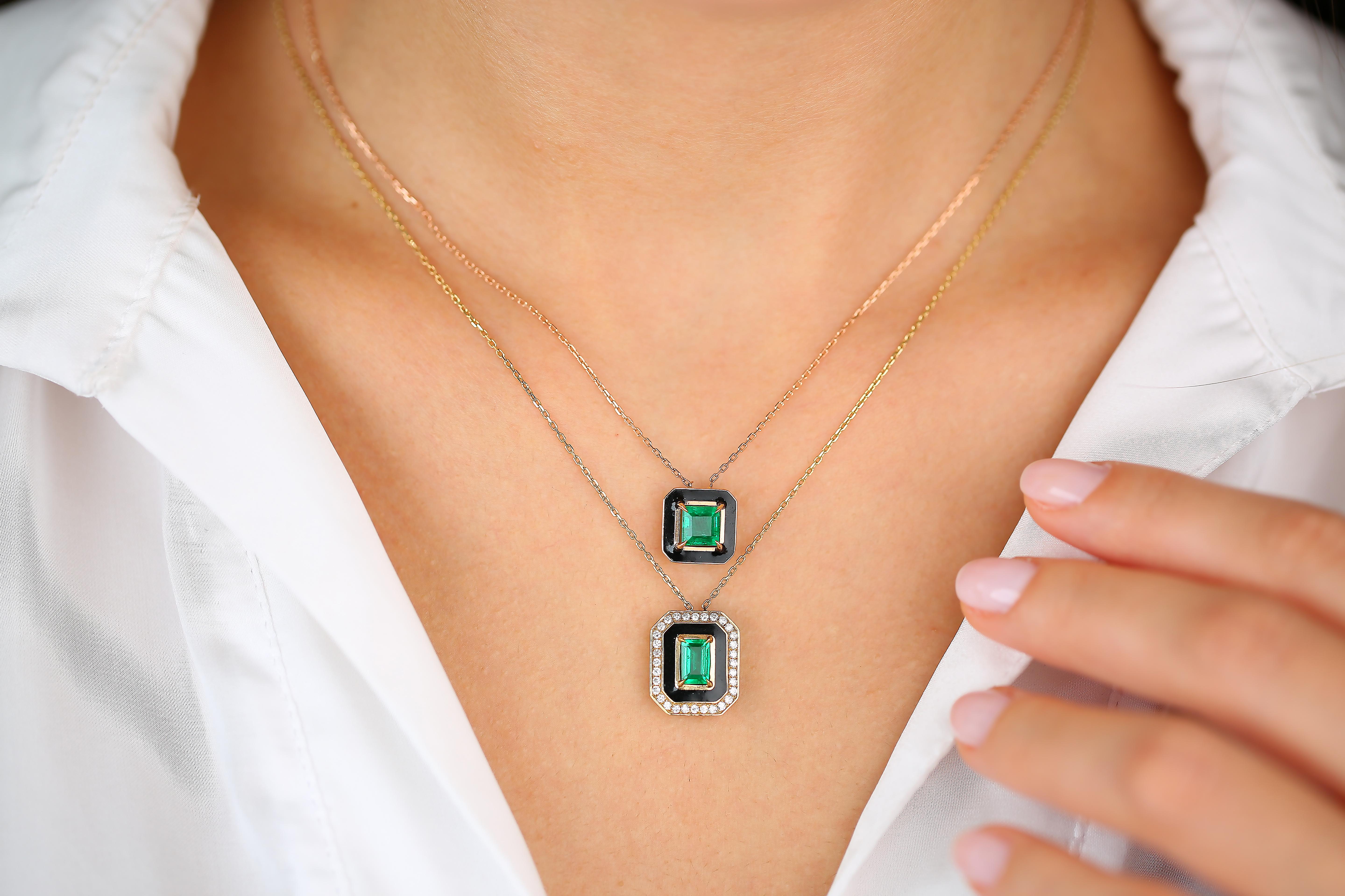 Art Deco Style Necklace 0.55 Ct Emerald and 0.21 ct Diamond 14K Gold Necklace In New Condition For Sale In ISTANBUL, TR