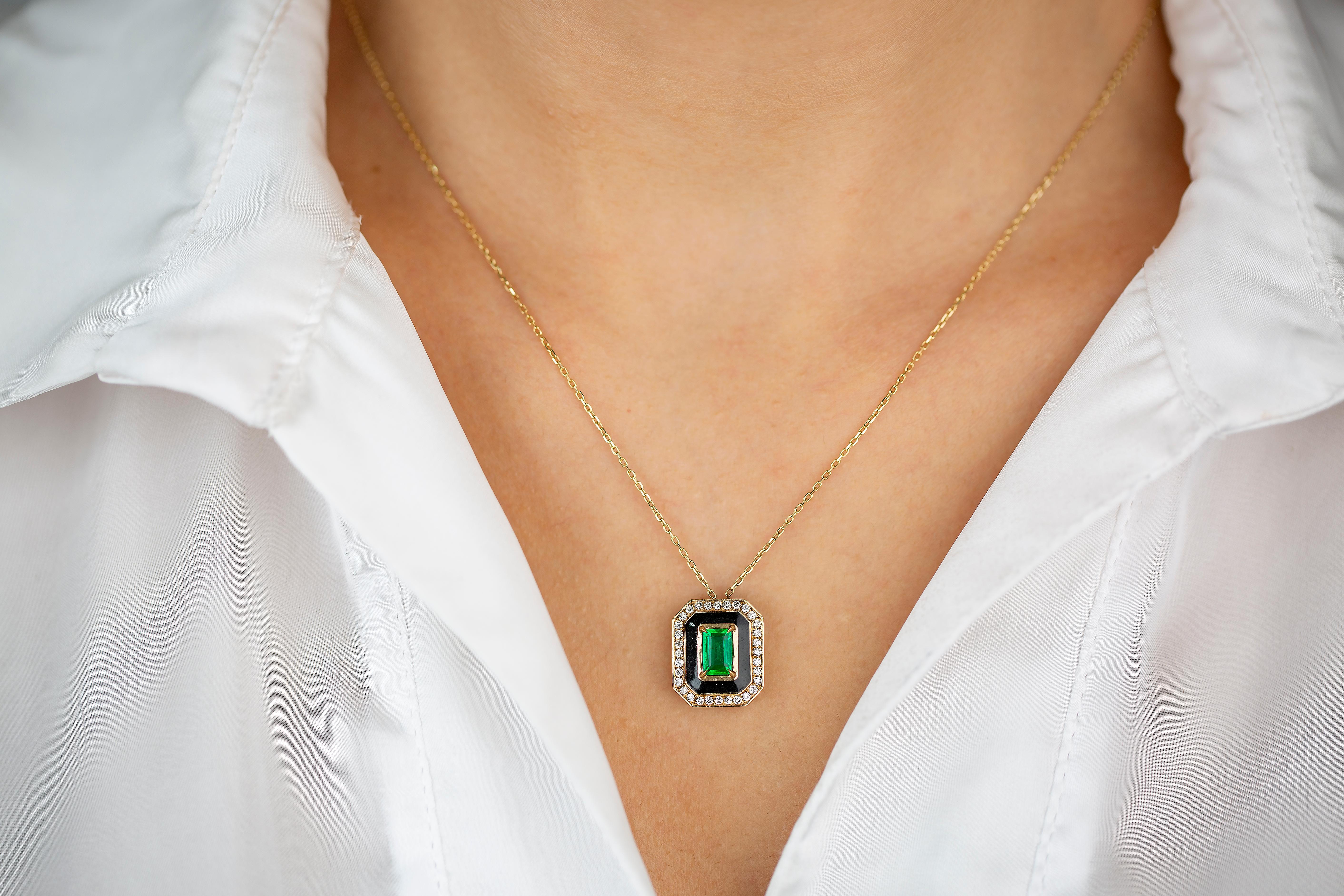Women's Art Deco Style Necklace 0.55 Ct Emerald and 0.21 ct Diamond 14K Gold Necklace For Sale