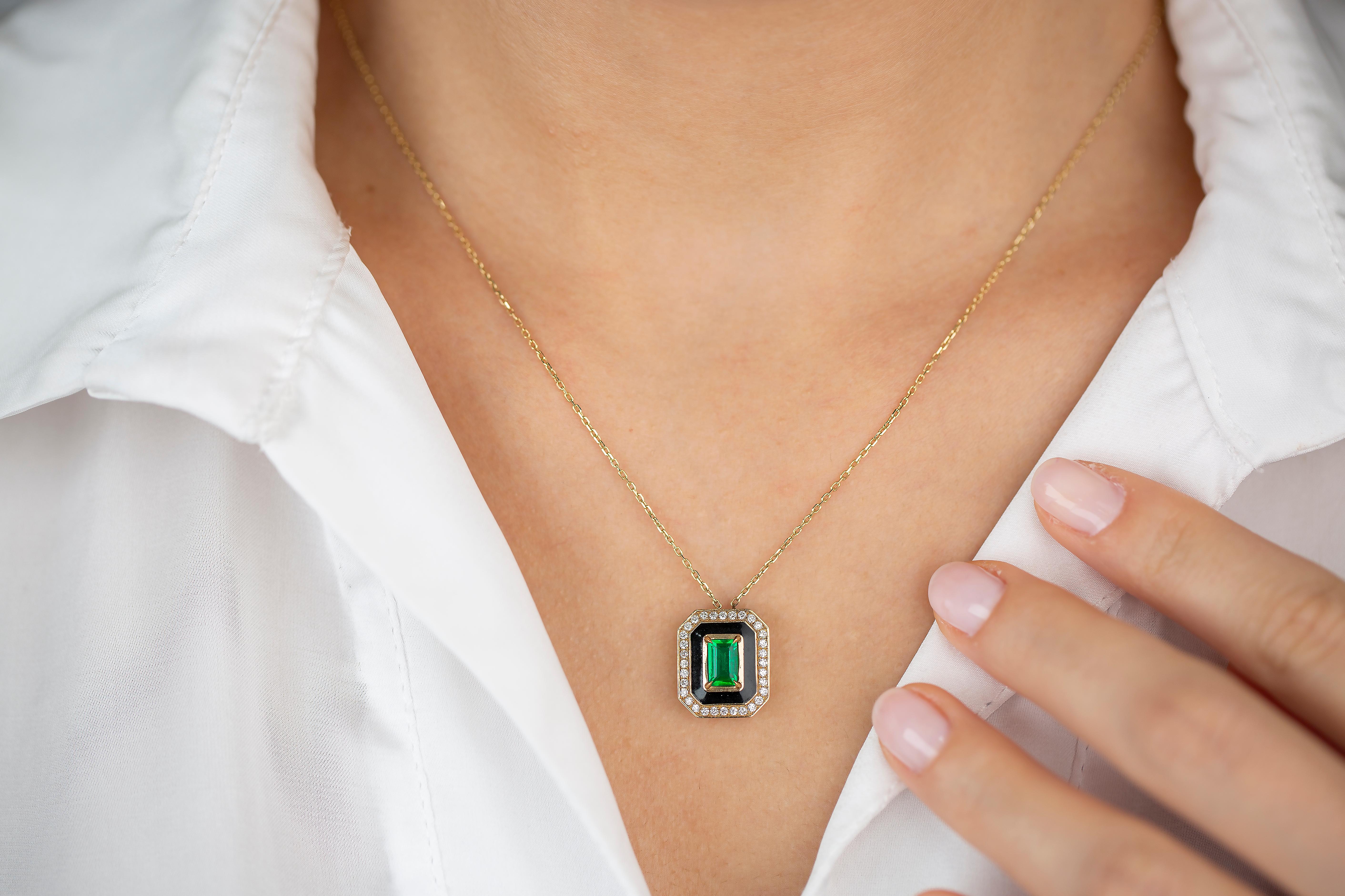 Art Deco Style Necklace 0.55 Ct Emerald and 0.21 ct Diamond 14K Gold Necklace For Sale 1