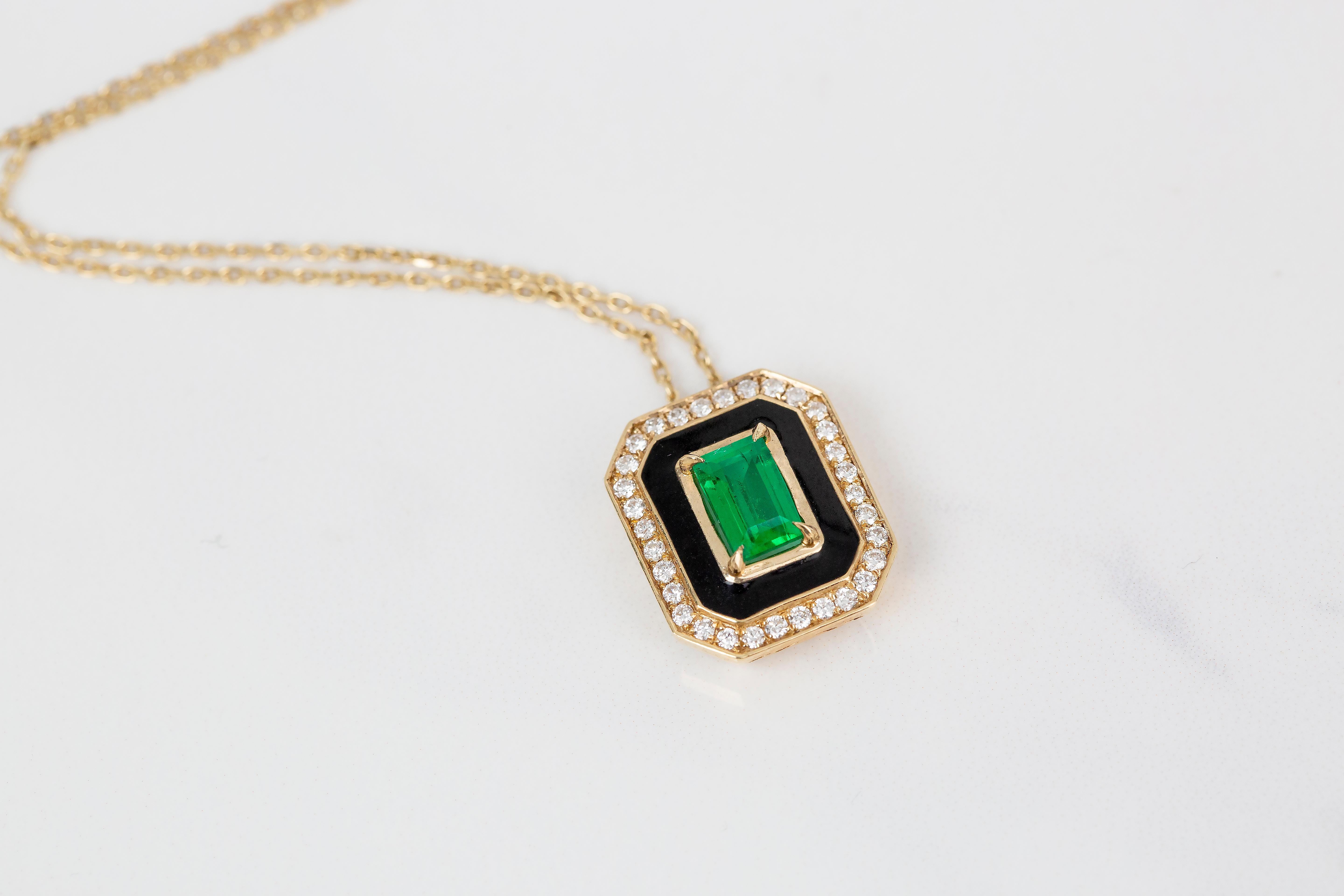 Art Deco Style Necklace 0.55 Ct Emerald and 0.21 ct Diamond 14K Gold Necklace For Sale 2