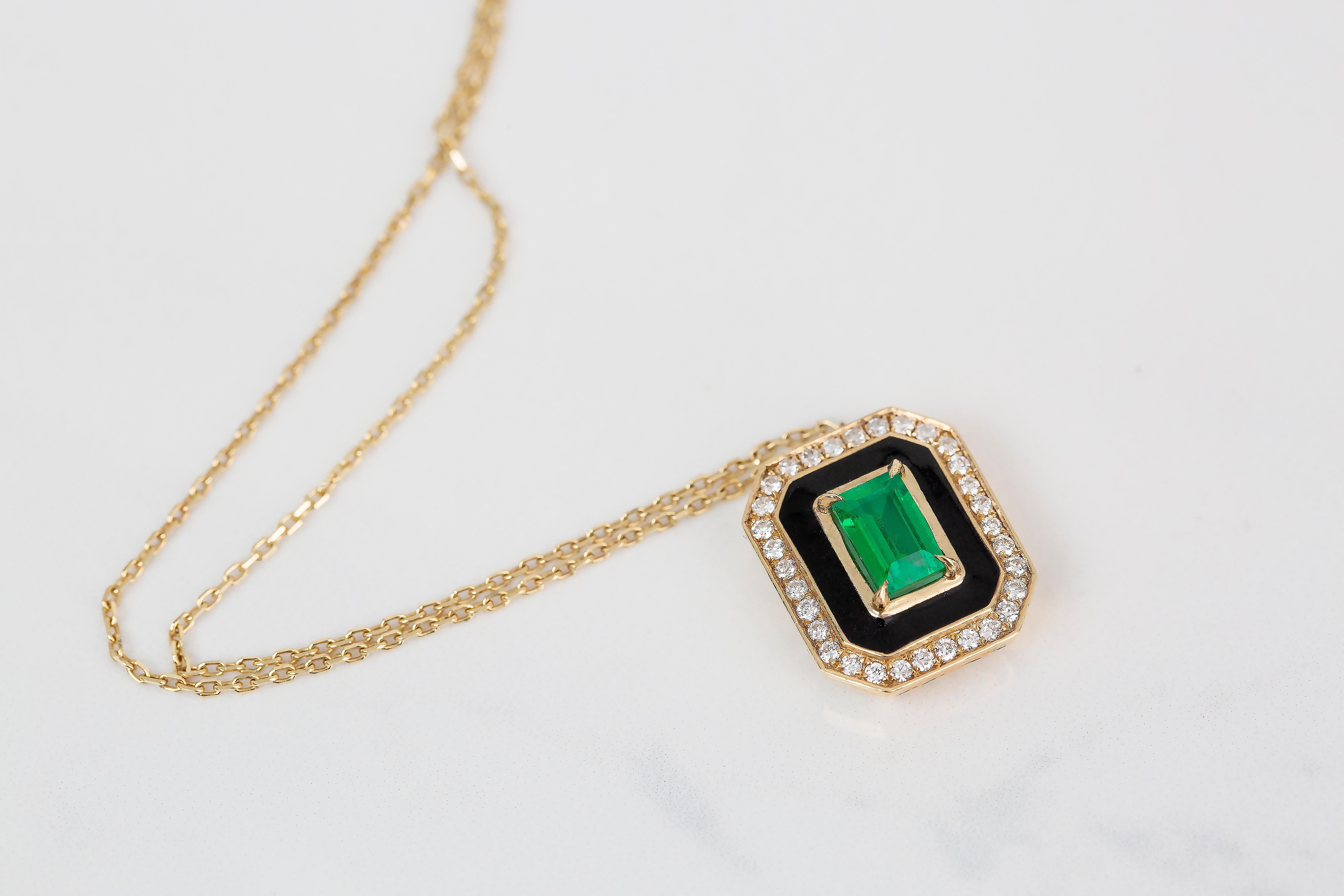 Art Deco Style Necklace 0.55 Ct Emerald and 0.21 ct Diamond 14K Gold Necklace For Sale 3