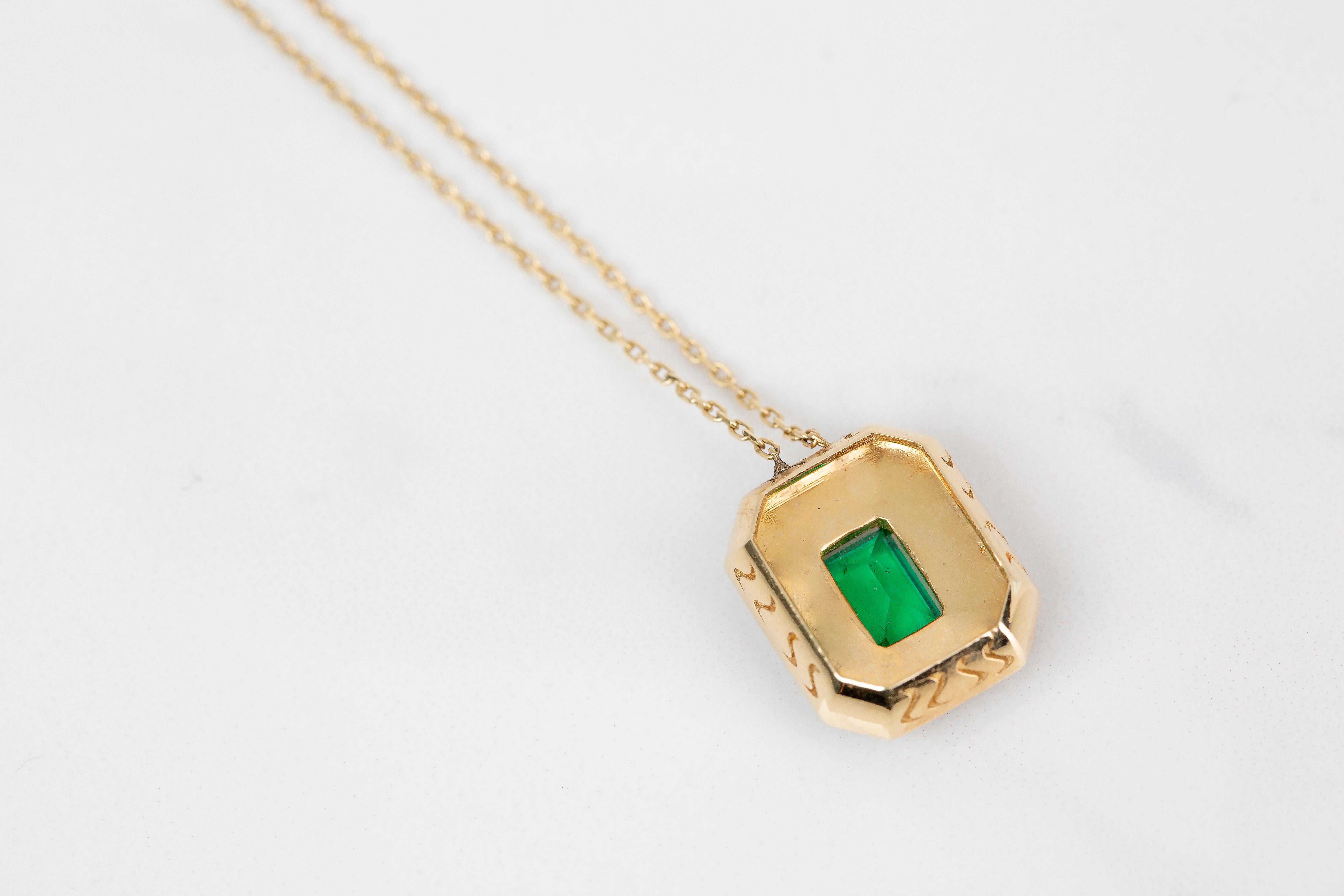 Art Deco Style Necklace 0.55 Ct Emerald and 0.21 ct Diamond 14K Gold Necklace For Sale 4