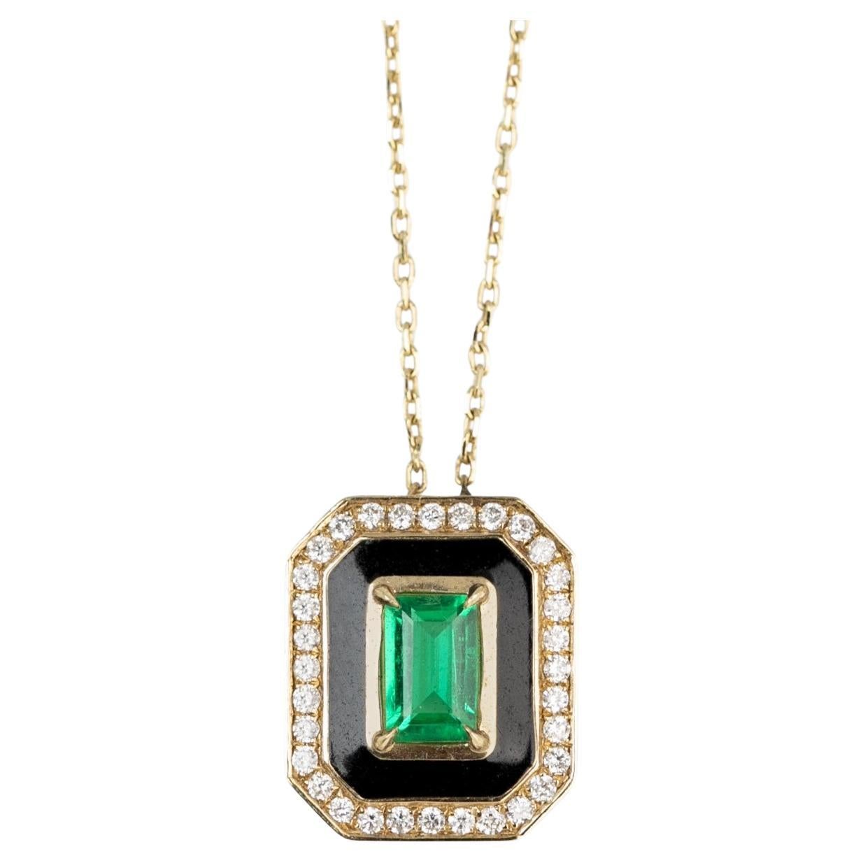 Art Deco Style Necklace 0.55 Ct Emerald and 0.21 ct Diamond 14K Gold Necklace For Sale