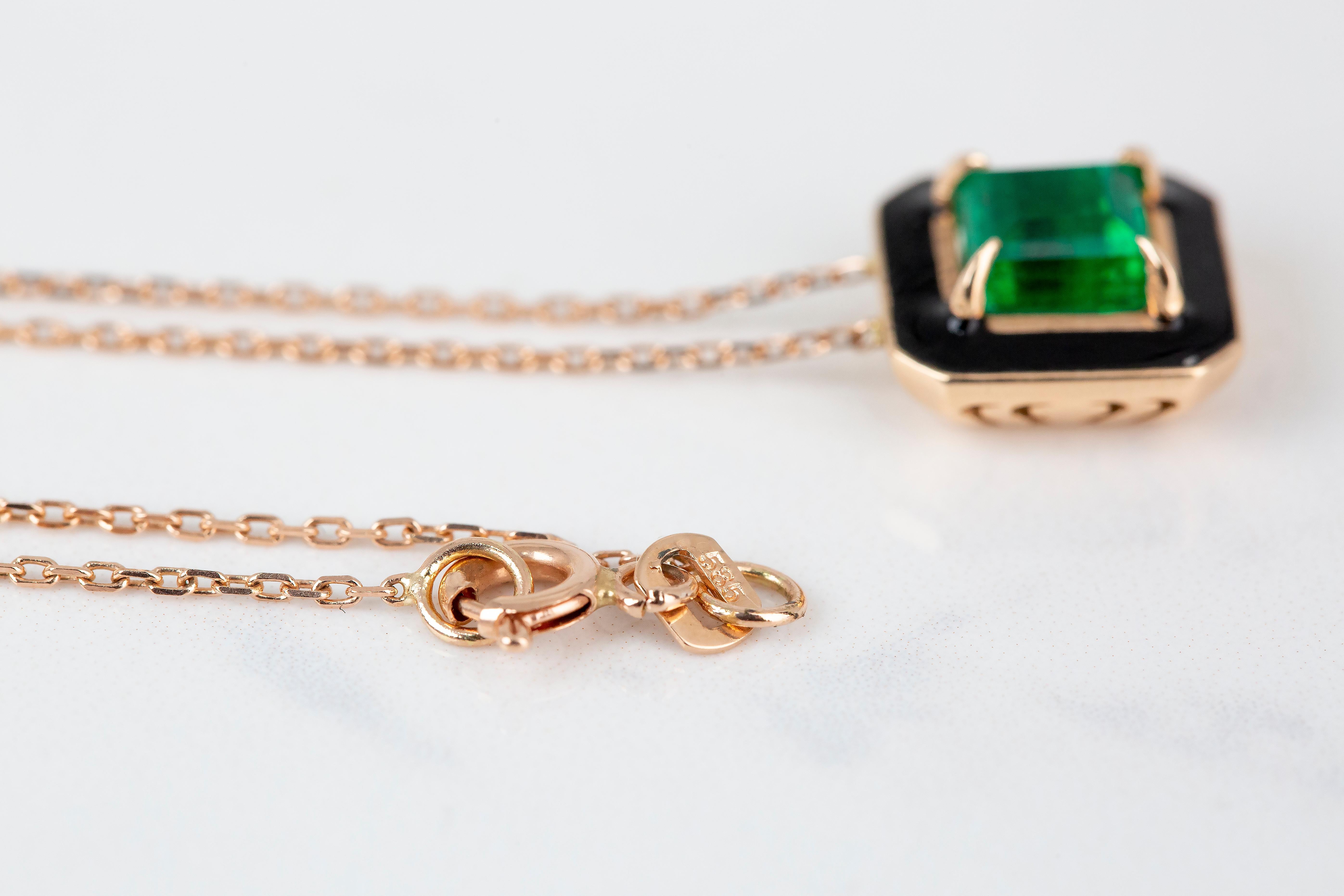 Art Deco Style Necklace 1.20 Ct Emerald Stone 14K Rose Gold Necklace For Sale 5
