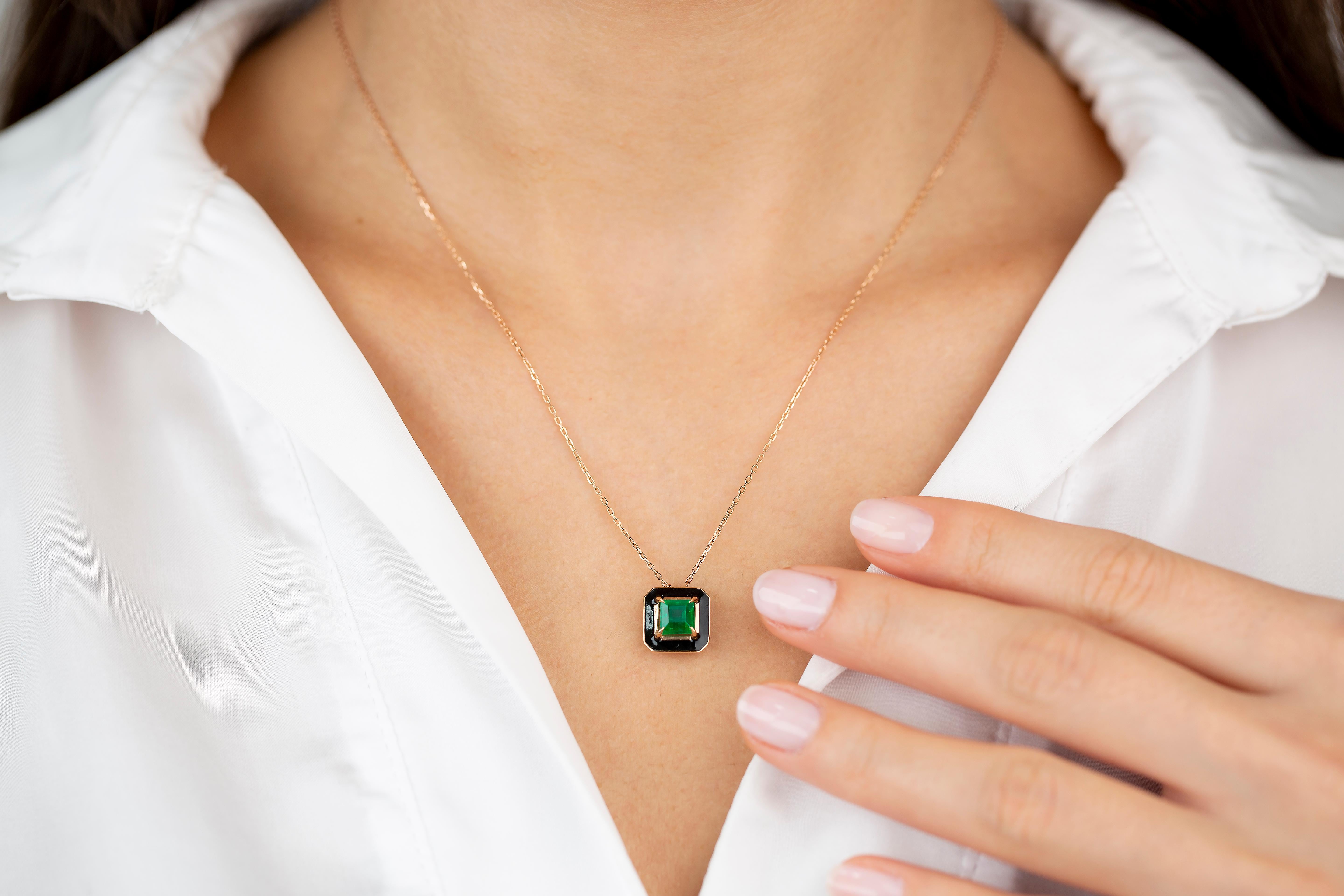 Rose Cut Art Deco Style Necklace 1.20 Ct Emerald Stone 14K Rose Gold Necklace For Sale