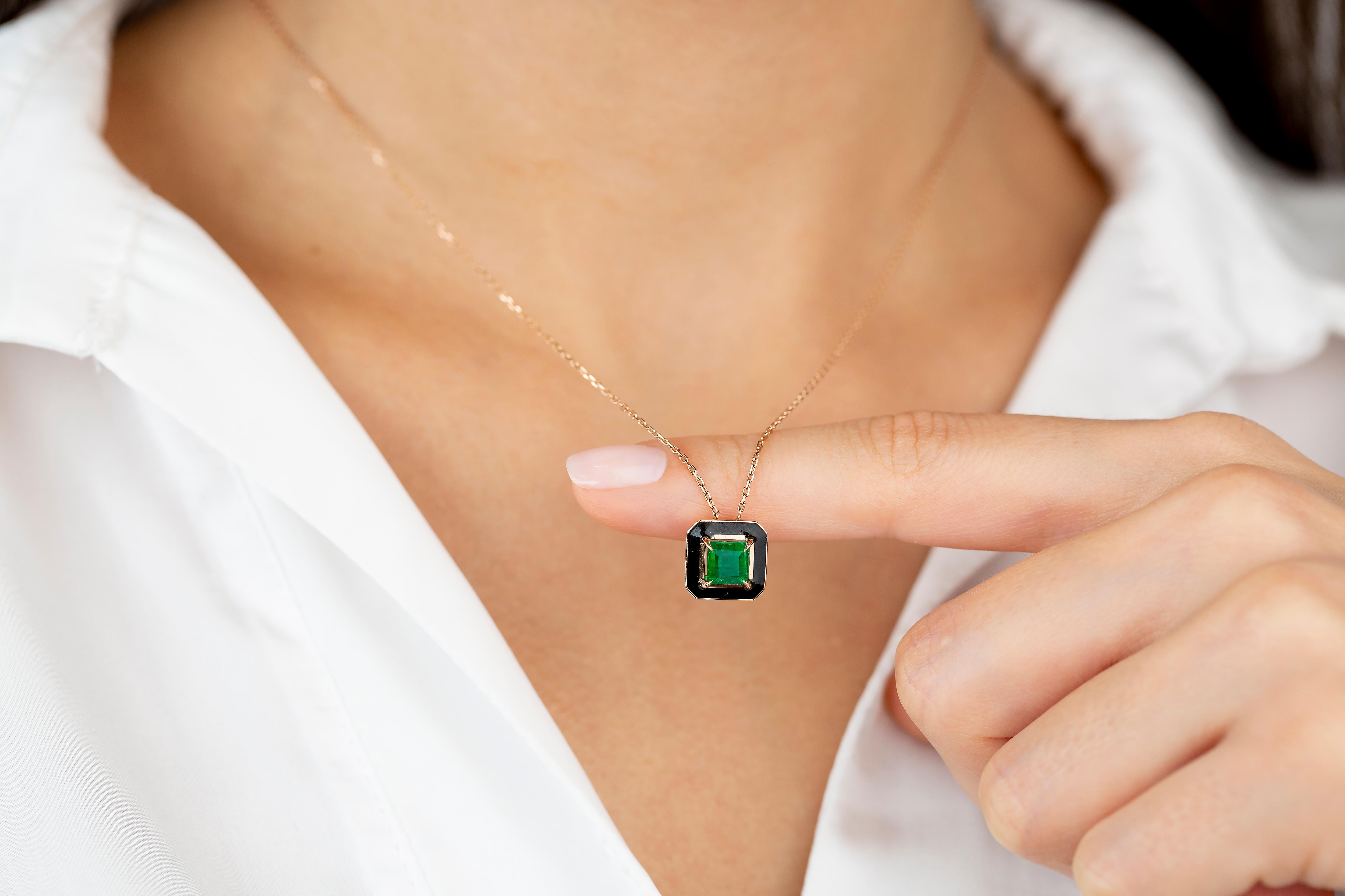 Art Deco Style Necklace 1.20 Ct Emerald Stone 14K Rose Gold Necklace In New Condition For Sale In ISTANBUL, TR