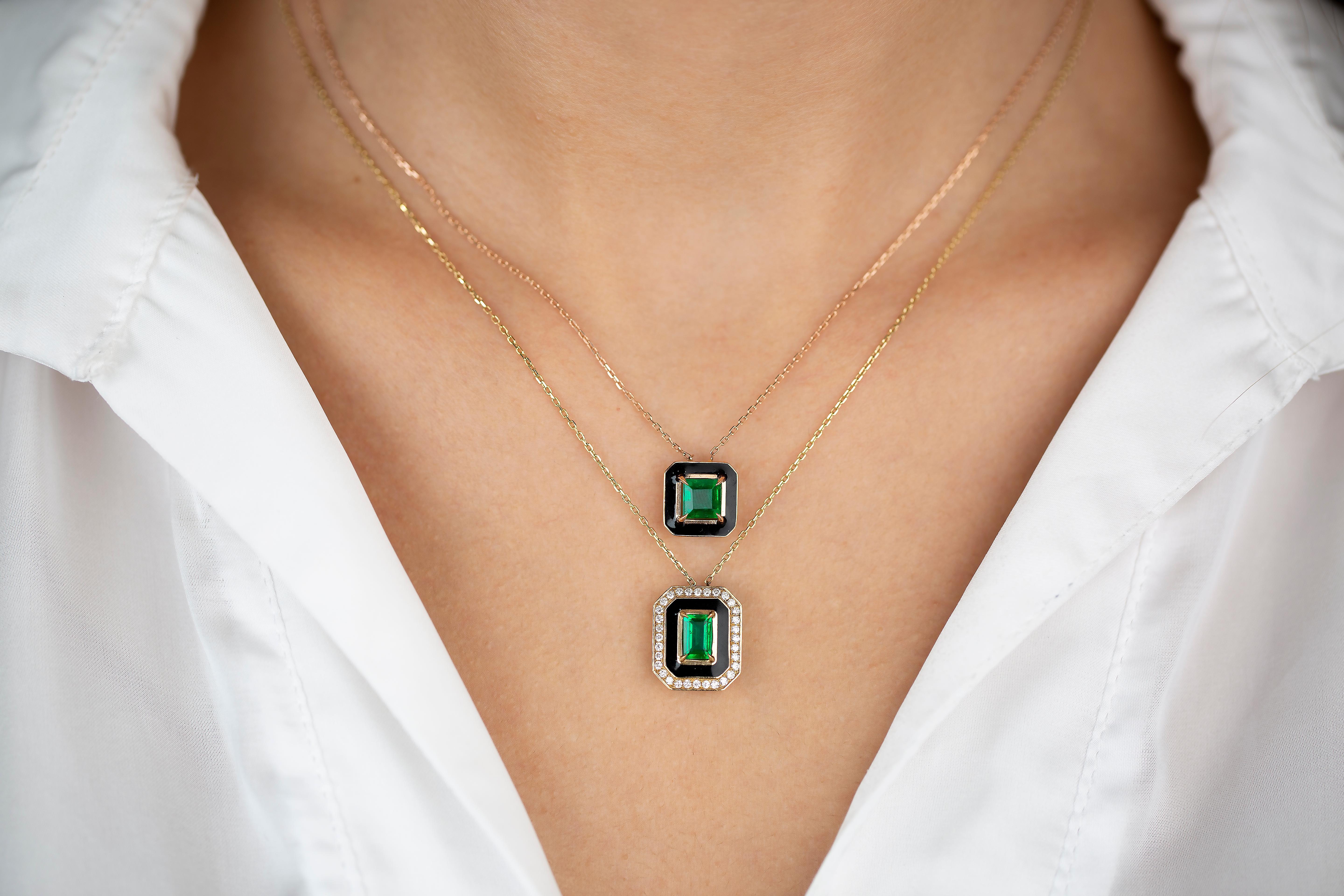 Art Deco Style Necklace 1.20 Ct Emerald Stone 14K Rose Gold Necklace For Sale 1