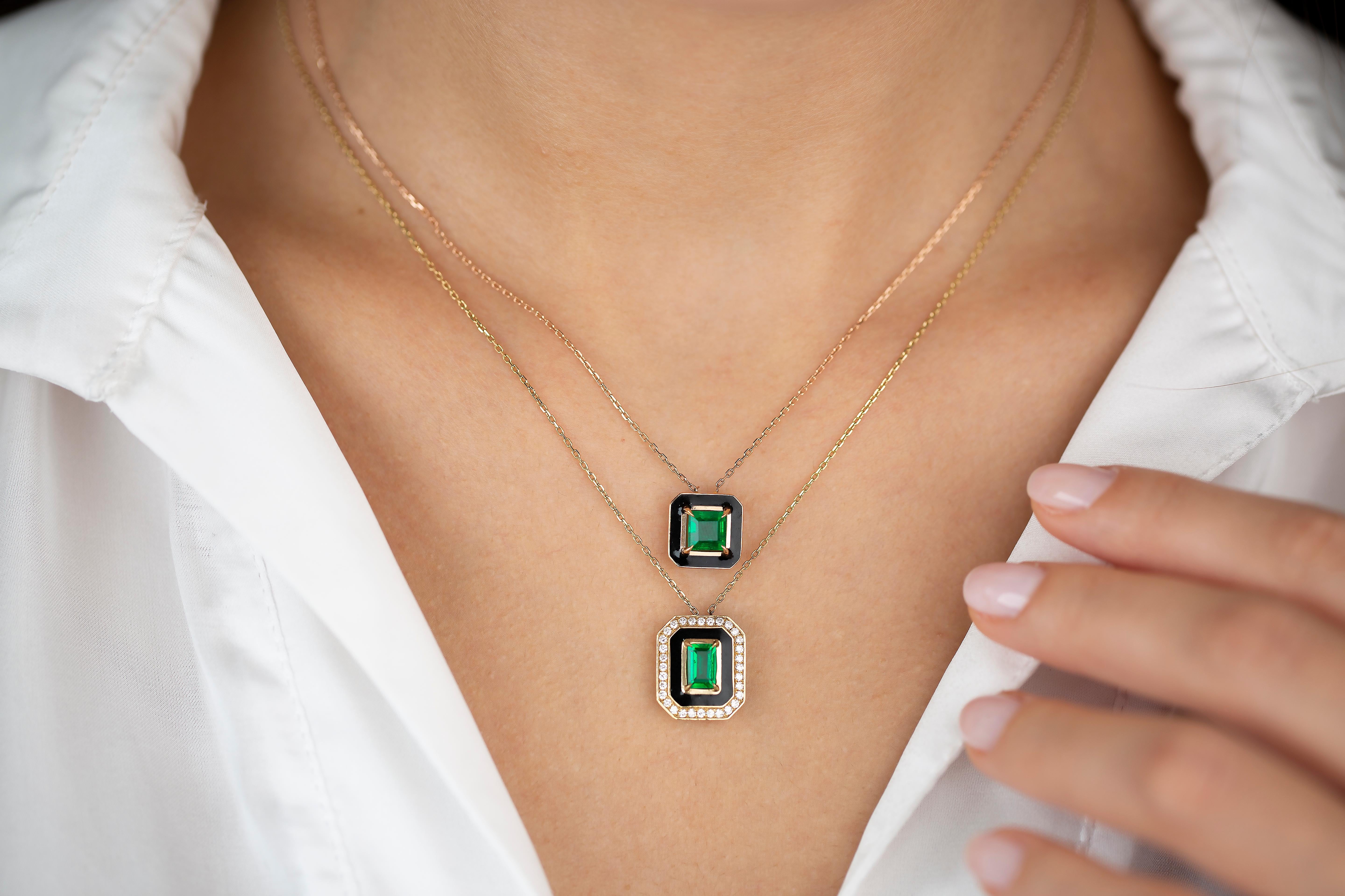 Art Deco Style Necklace 1.20 Ct Emerald Stone 14K Rose Gold Necklace For Sale 2