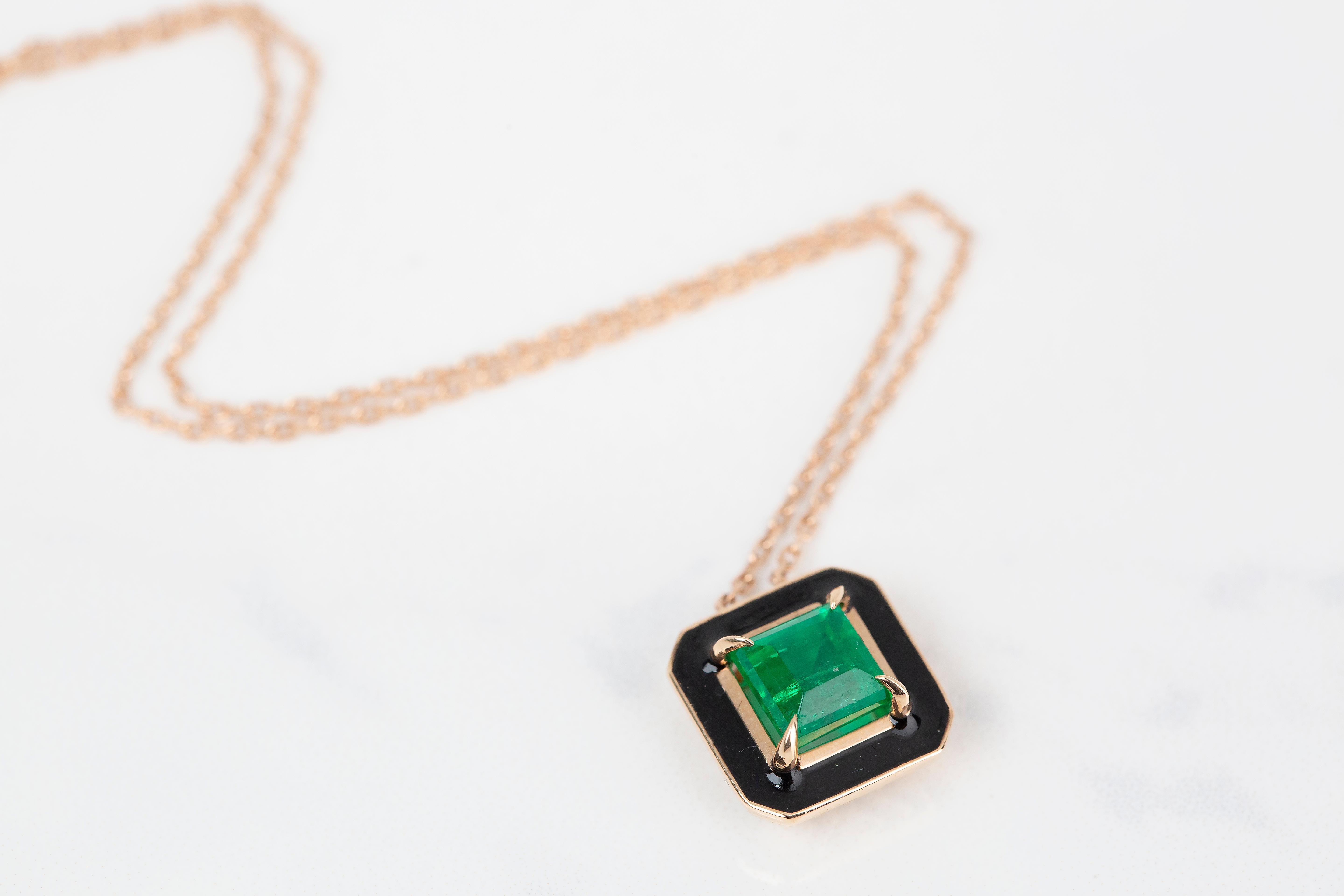Art Deco Style Necklace 1.20 Ct Emerald Stone 14K Rose Gold Necklace For Sale 3