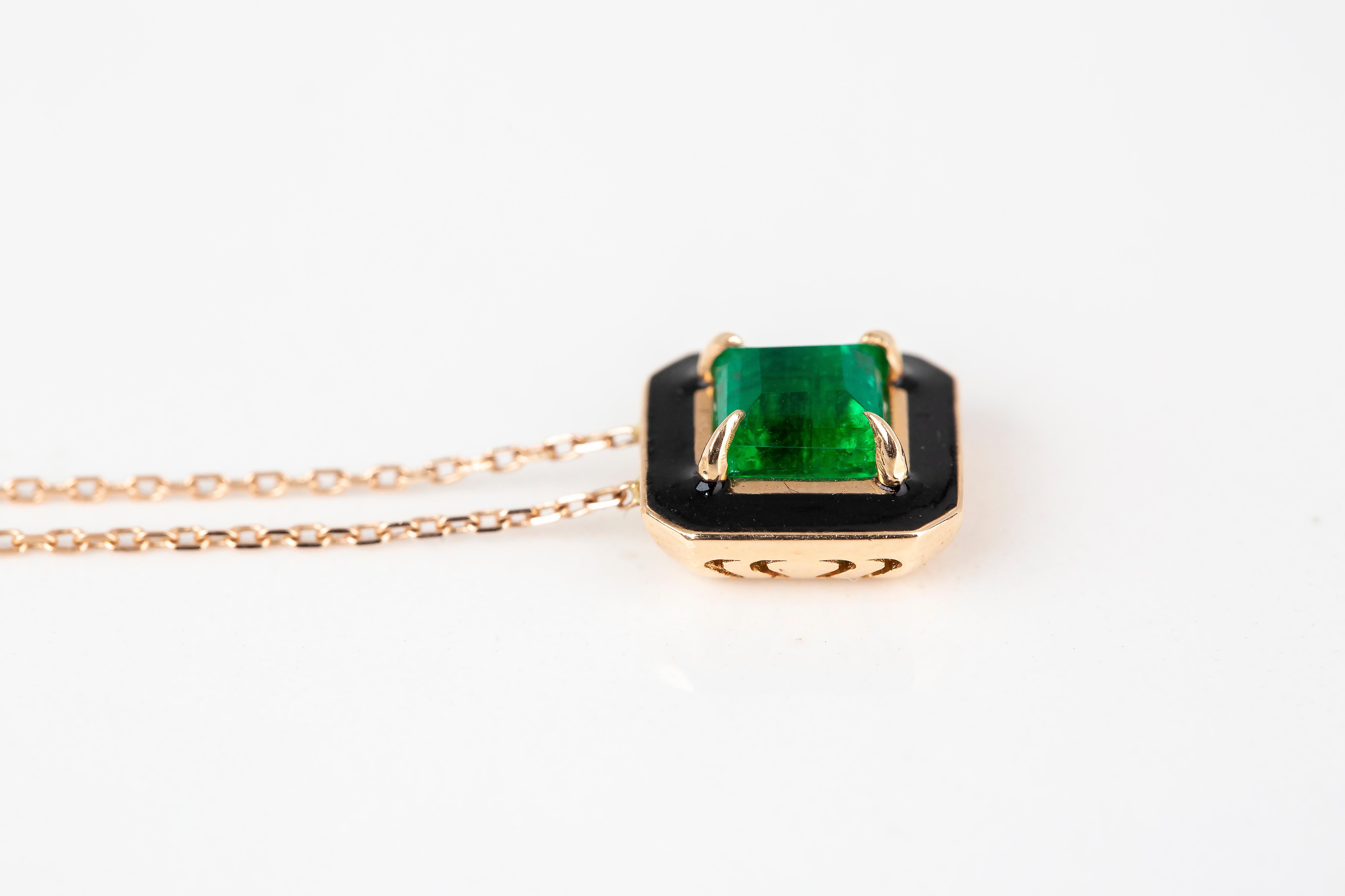 Art Deco Style Necklace 1.20 Ct Emerald Stone 14K Rose Gold Necklace For Sale 4