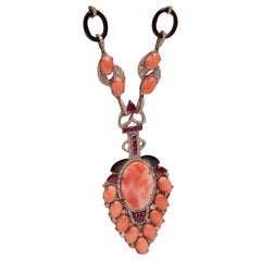 Antique Art Deco Style Necklace in 18kt Gold, Black Onyx, Coral, Ruby & Diamonds