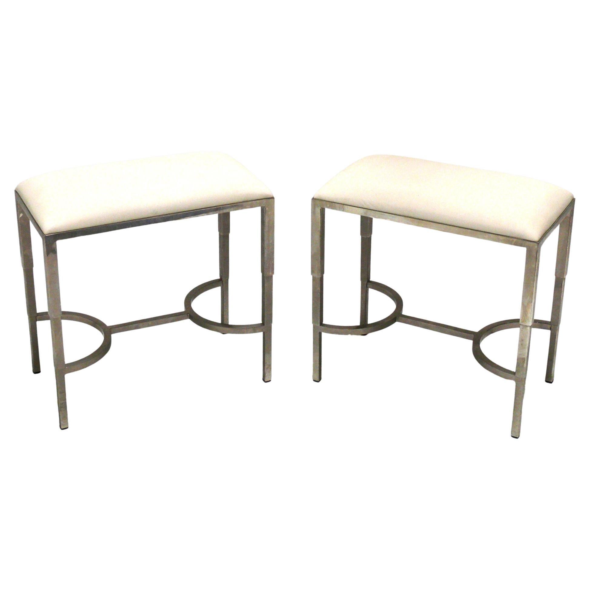 Art Deco Style Nickel Benches or Stools Mid Century Style Reupholstered