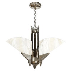 Art Deco Style Nickeled Bronze and Alabaster Pendant Chandelier