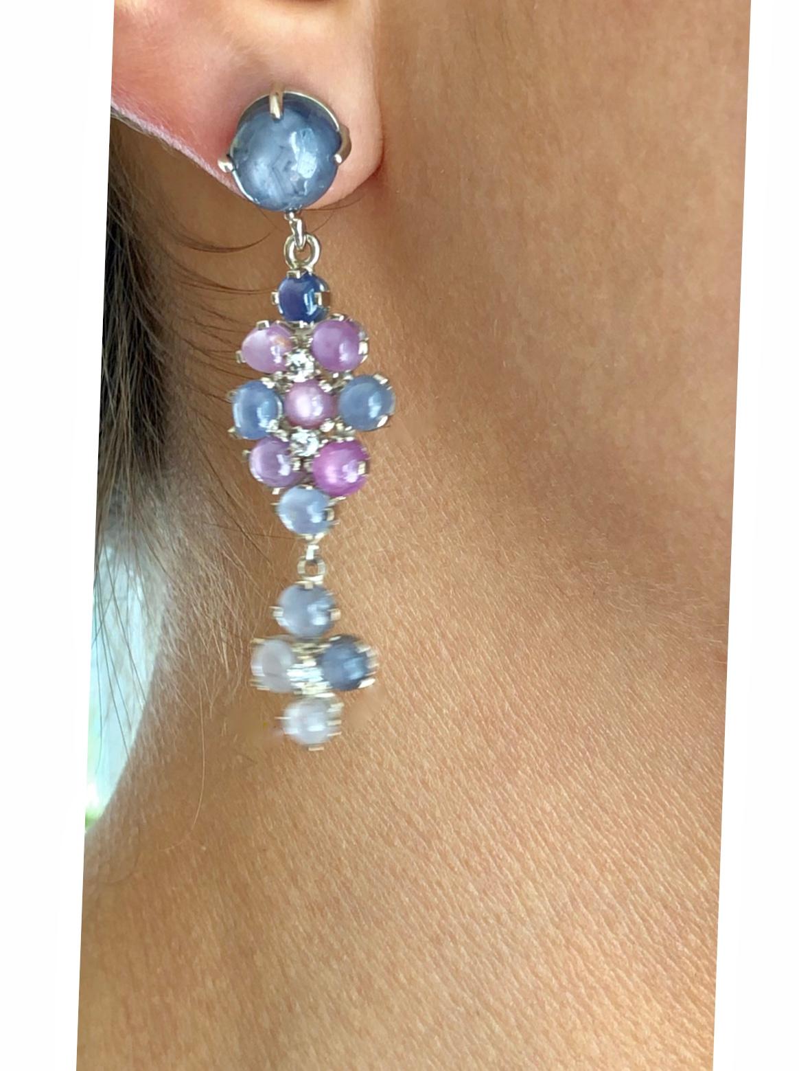 No-Heat Burma Star Sapphire Chandeliers Earrings Art Deco Style 1