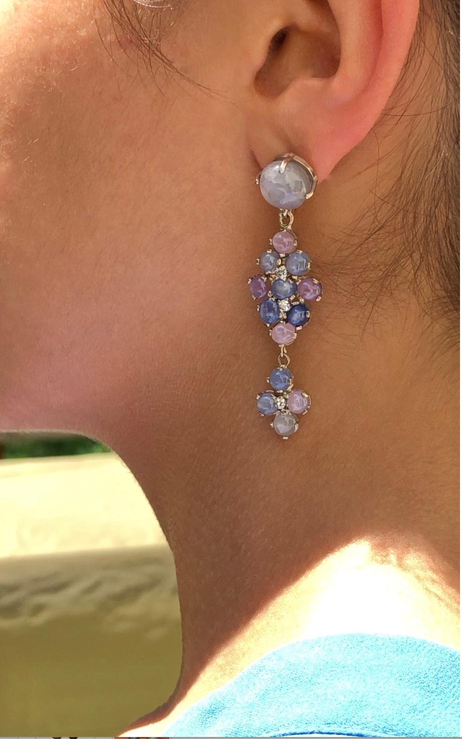 No-Heat Burma Star Sapphire Chandeliers Earrings Art Deco Style 4