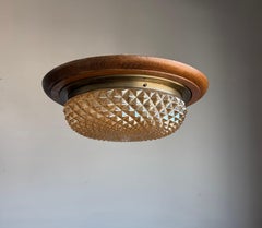 Art Deco Style Oak, Brass and Amber Prismatic Glass Flush Mount, 2-Light