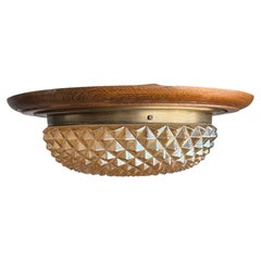 Art Deco Style Oak, Brass and Amber Prismatic Glass Flush Mount, 2-Light