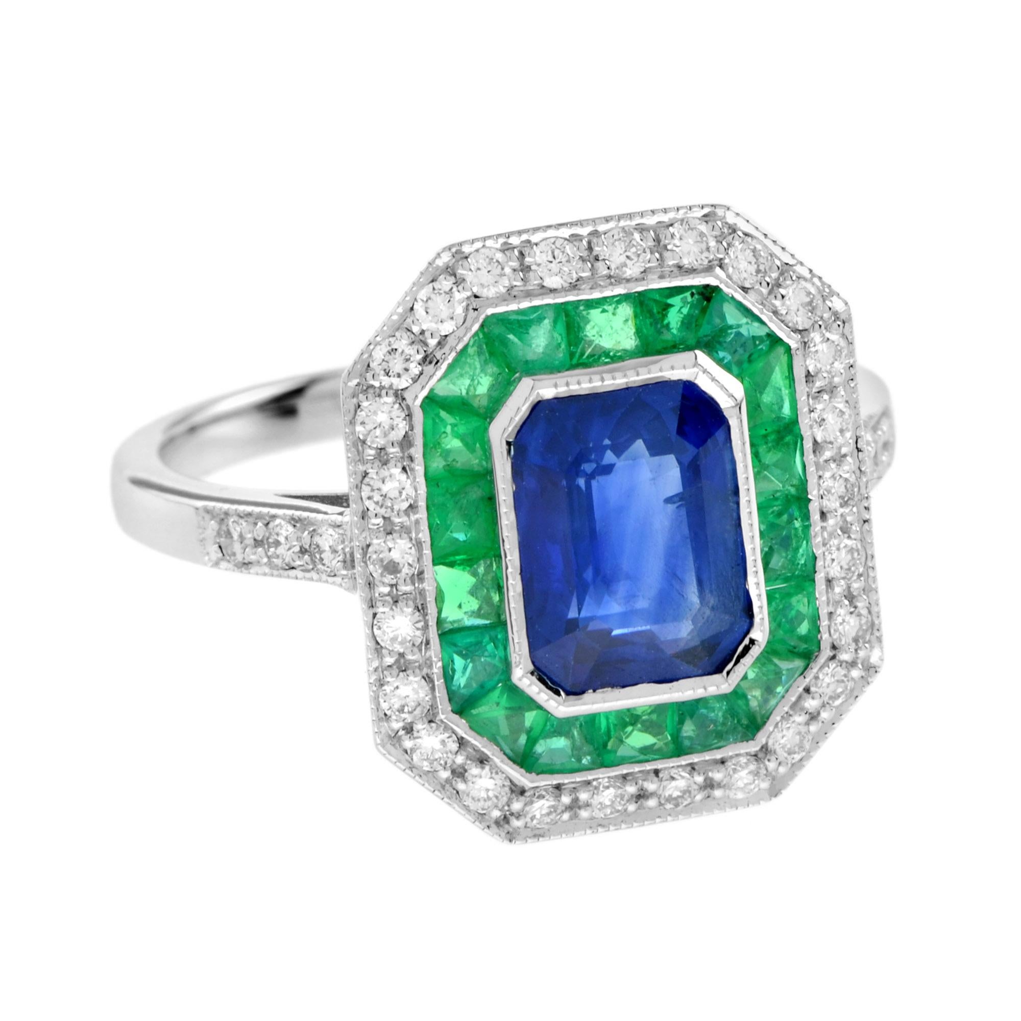 This stunning halo ring sparkles an emerald cut Ceylon sapphire at the center with French cut emerald and round diamond in beautiful halo designs. Adorn yourself with an Art Deco inspired jewelry in every occasion in your colorful life. 14K White