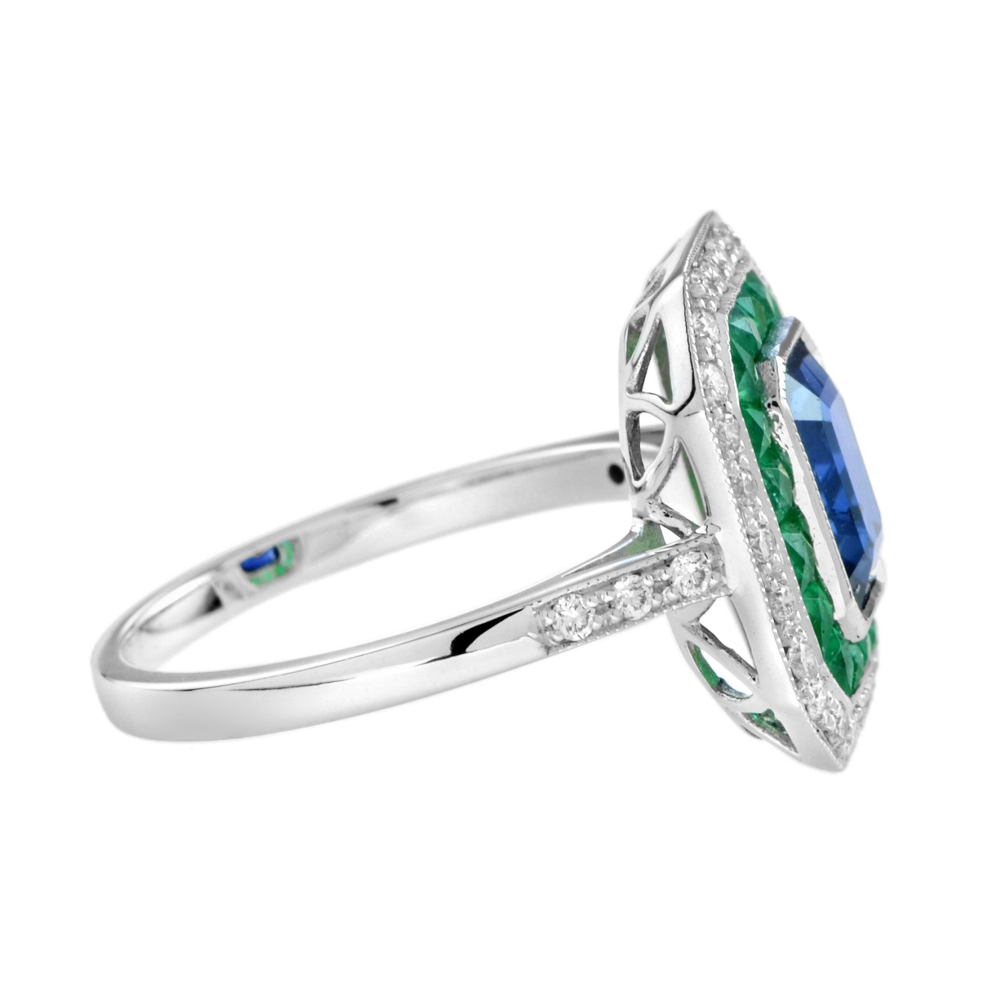 Emerald Cut Art Deco Style Octagon Cut Blue Sapphire & Emerald Diamond 14K White Gold Ring For Sale