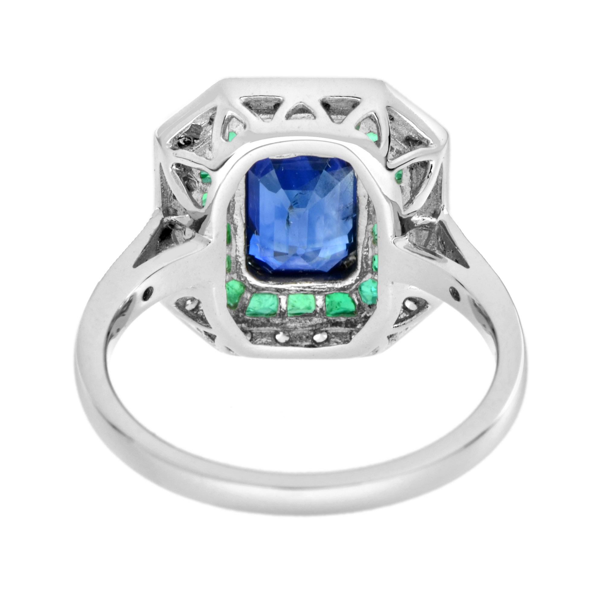 Art Deco Style Octagon Cut Blue Sapphire & Emerald Diamond 14K White Gold Ring In New Condition For Sale In Oakton, VA