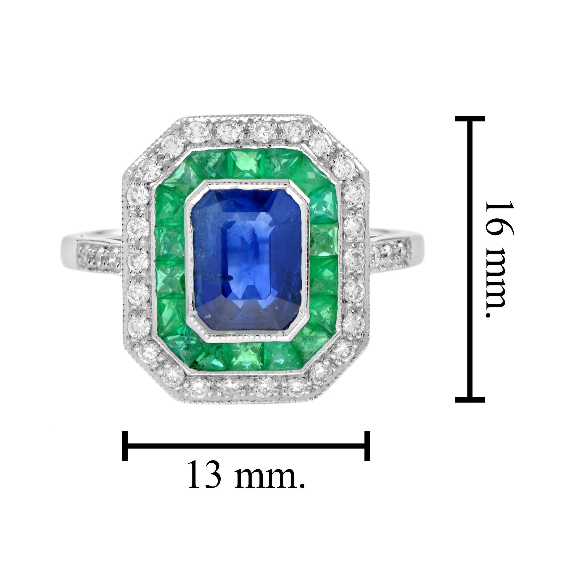 Art Deco Style Octagon Cut Blue Sapphire & Emerald Diamond 14K White Gold Ring For Sale 1