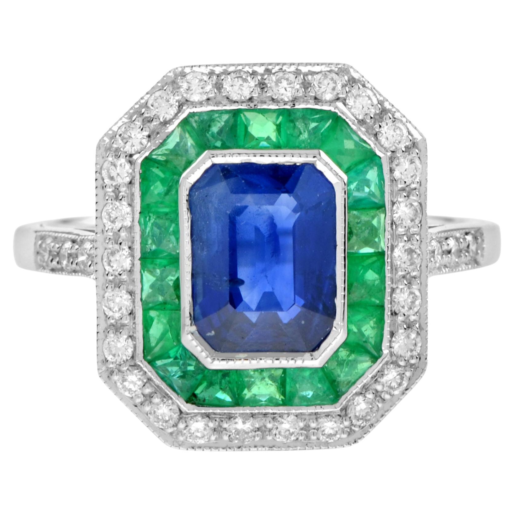Art Deco Style Octagon Cut Blue Sapphire & Emerald Diamond 14K White Gold Ring For Sale