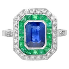 Art Deco Style Octagon Cut Blue Sapphire & Emerald Diamond 14K White Gold Ring