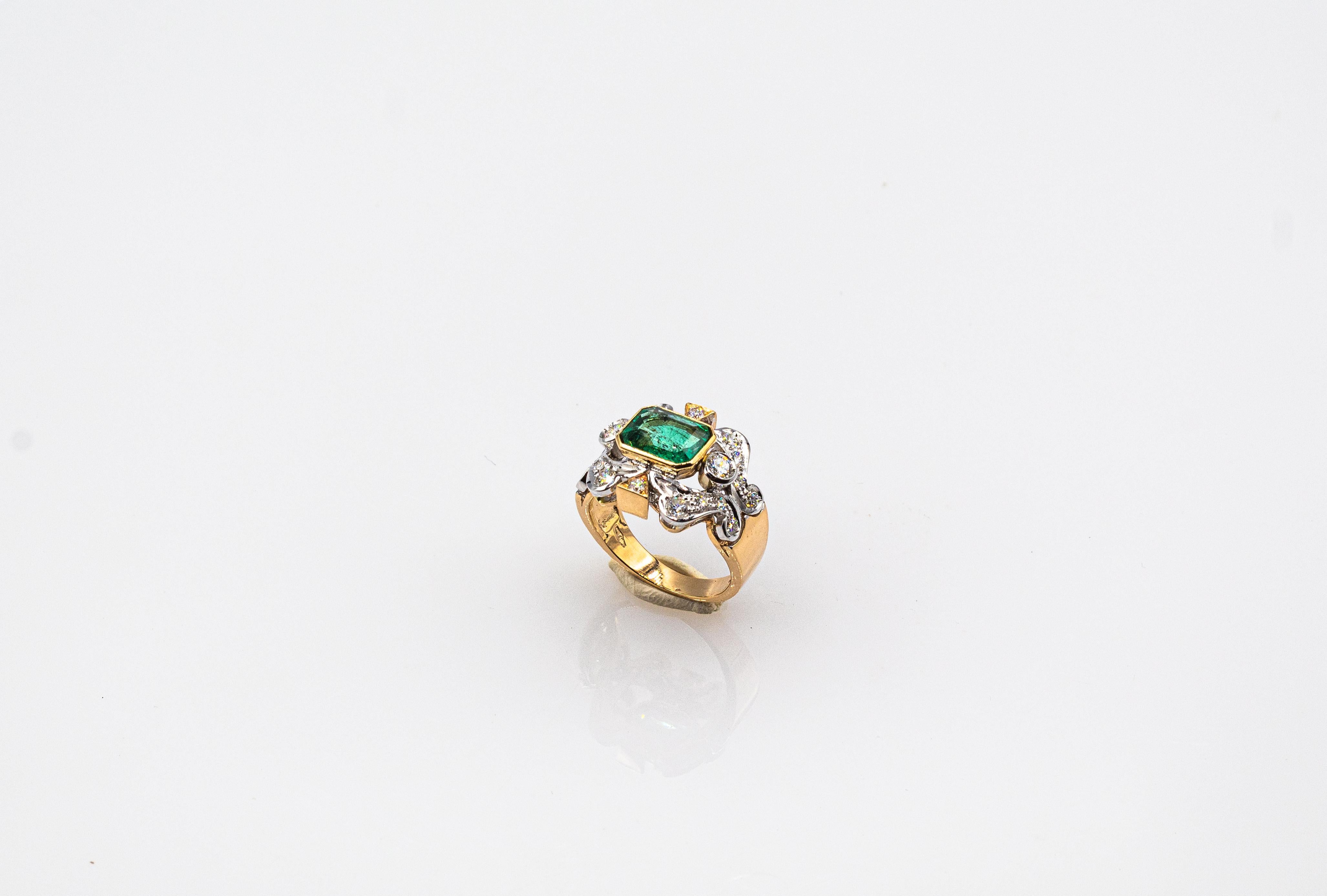 Brilliant Cut Art Deco Style Octagon Cut Emerald White Diamond Yellow Gold Cocktail Ring