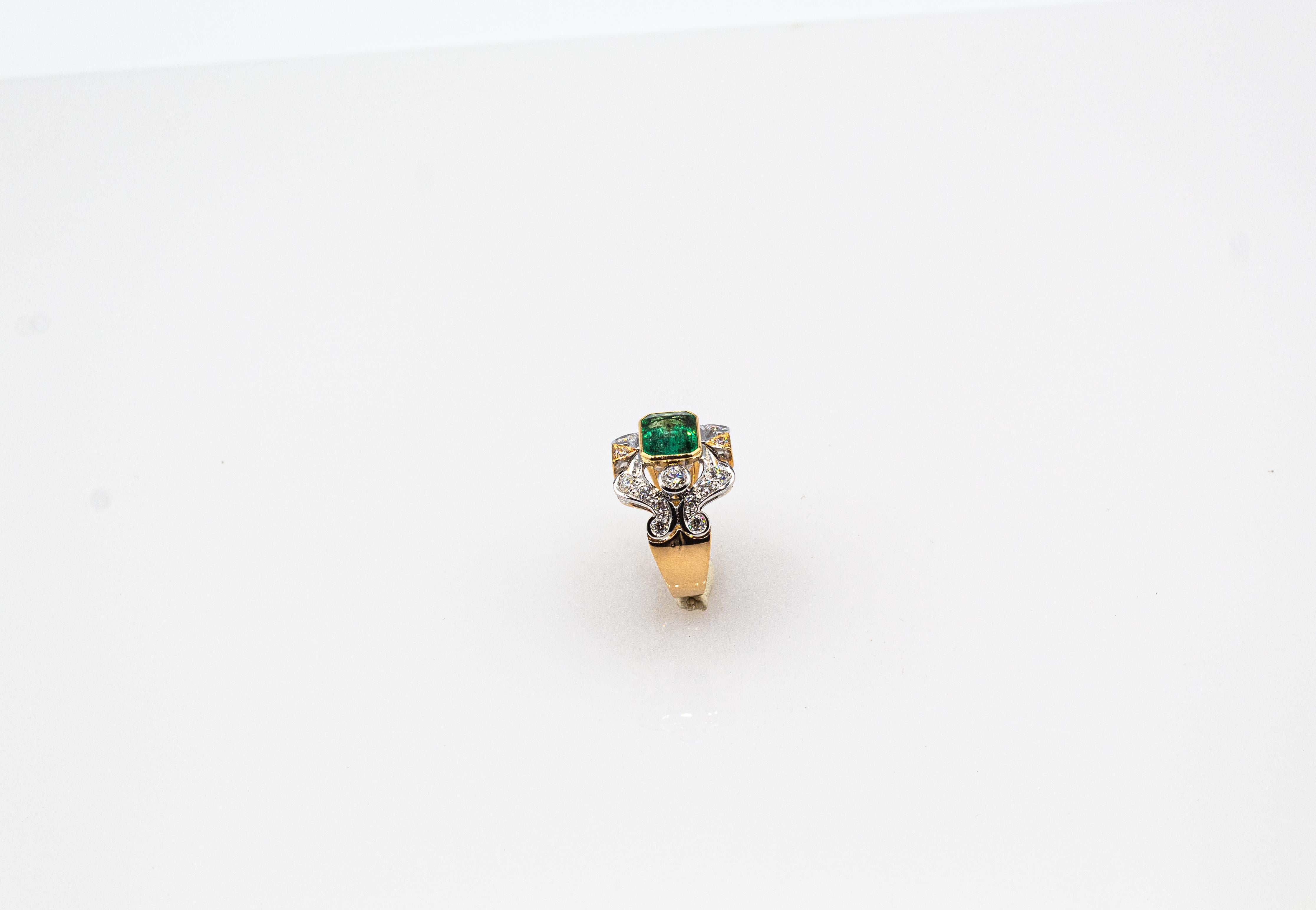 Art Deco Style Octagon Cut Emerald White Diamond Yellow Gold Cocktail Ring In New Condition In Naples, IT