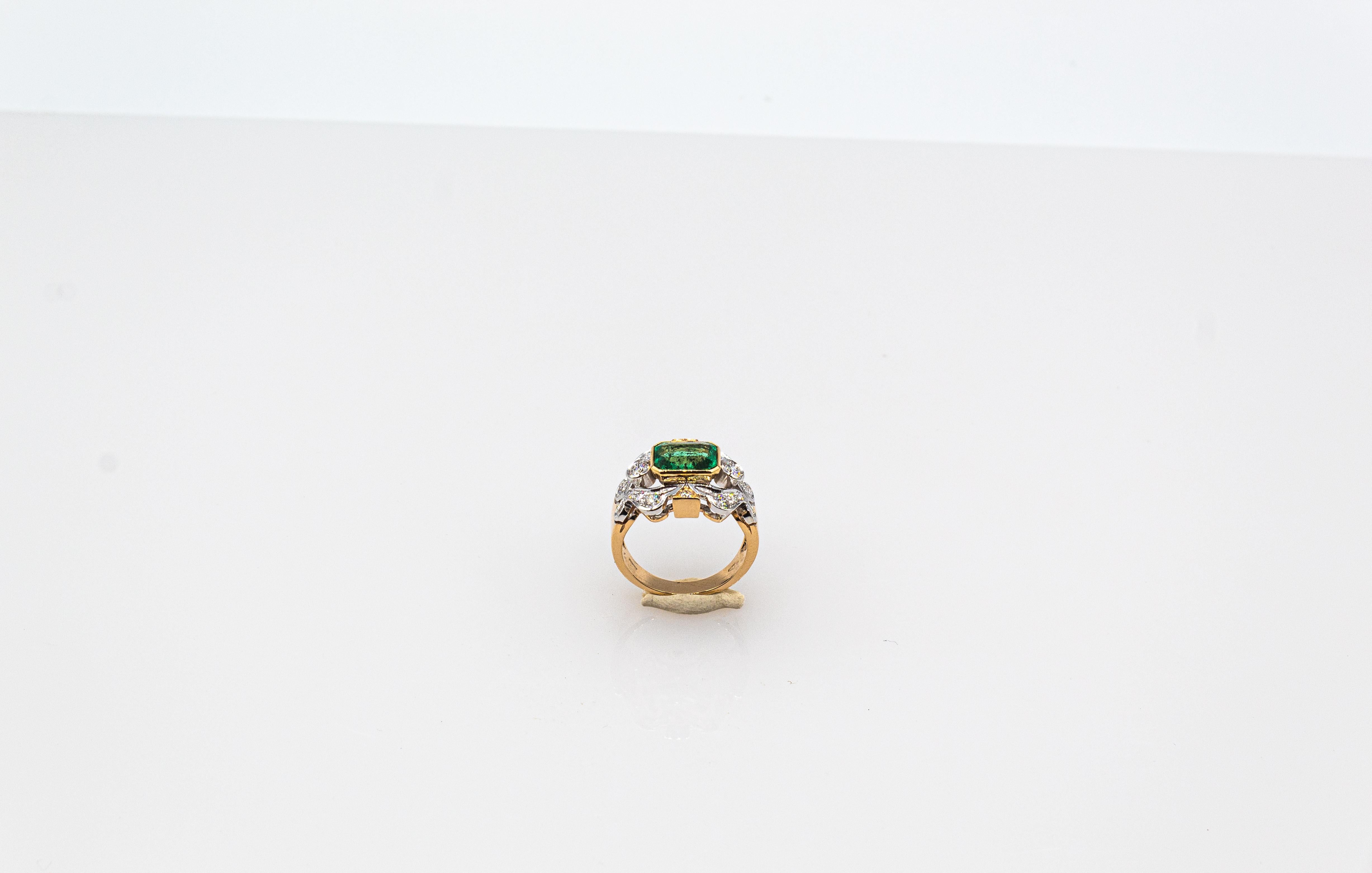 Women's or Men's Art Deco Style Octagon Cut Emerald White Diamond Yellow Gold Cocktail Ring