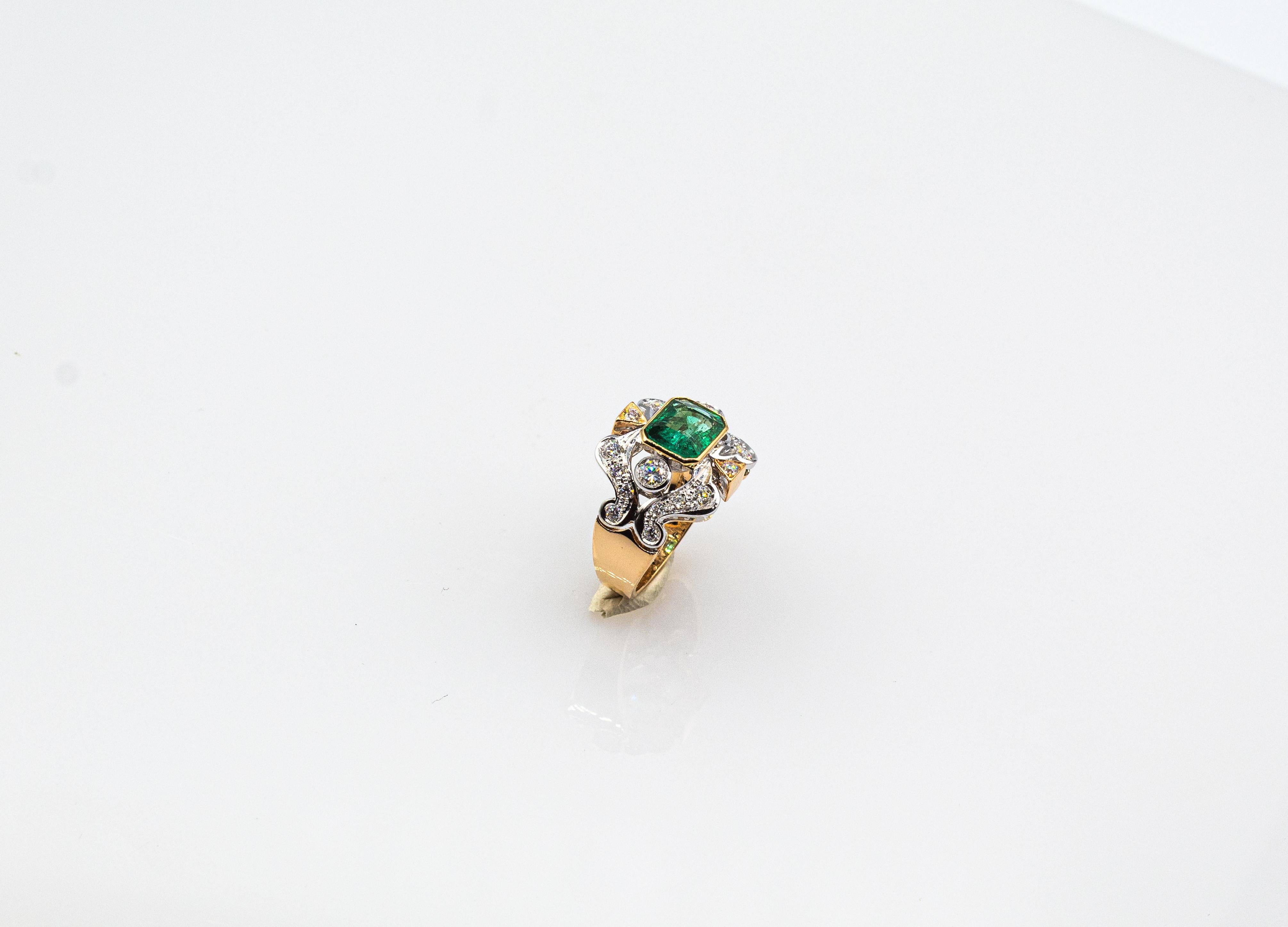 Art Deco Style Octagon Cut Emerald White Diamond Yellow Gold Cocktail Ring 1