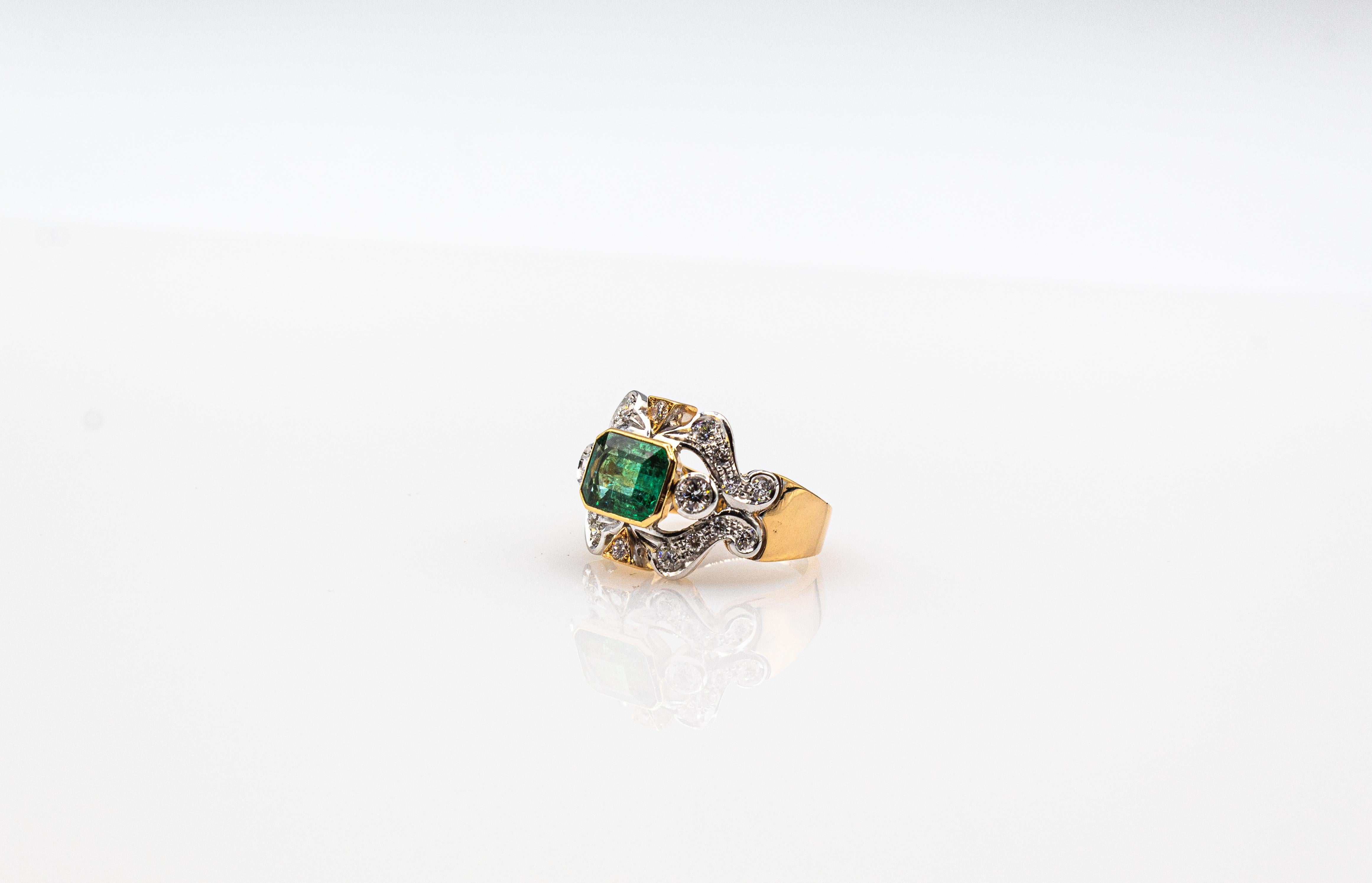 Art Deco Style Octagon Cut Emerald White Diamond Yellow Gold Cocktail Ring 2