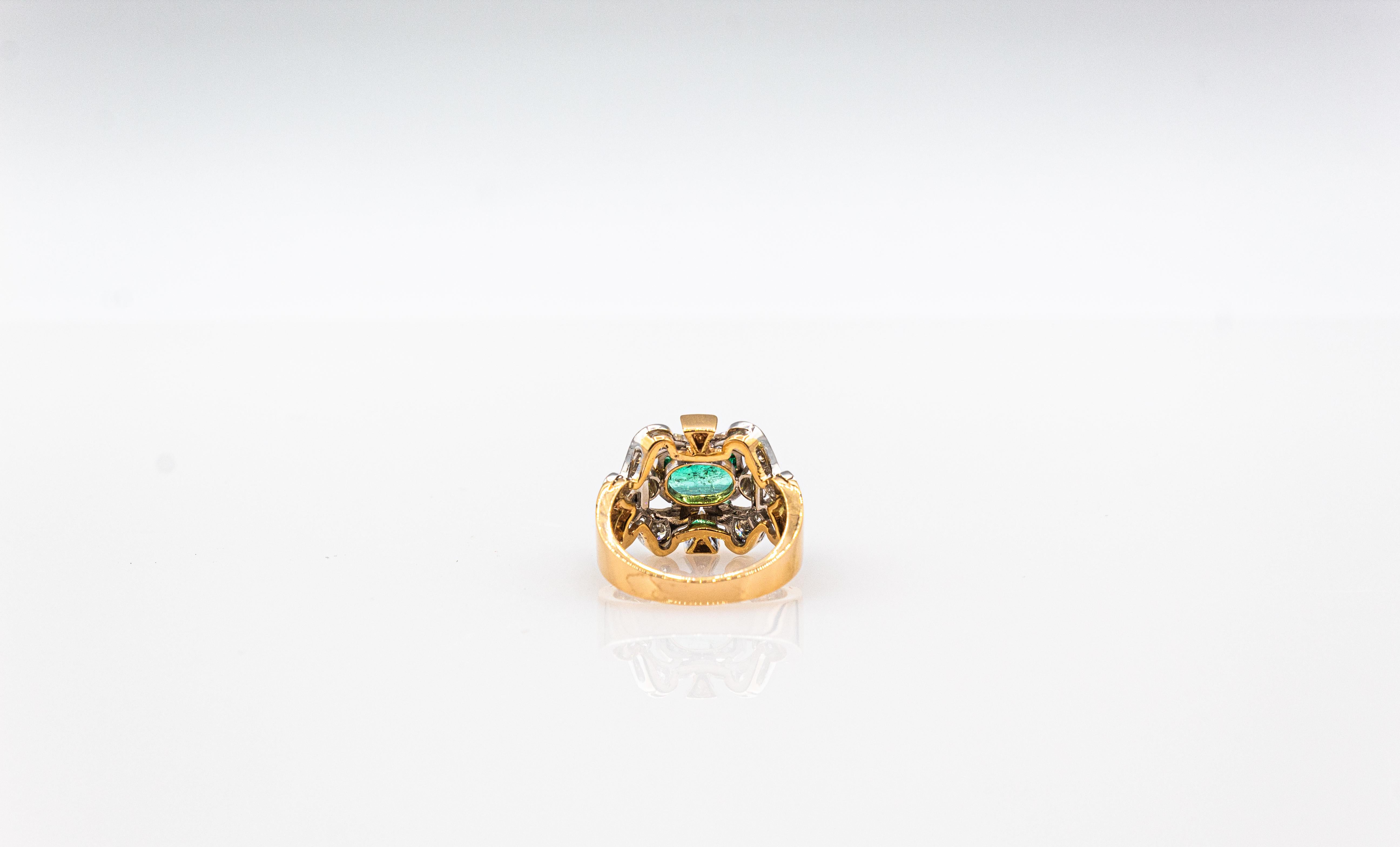 Art Deco Style Octagon Cut Emerald White Diamond Yellow Gold Cocktail Ring 3