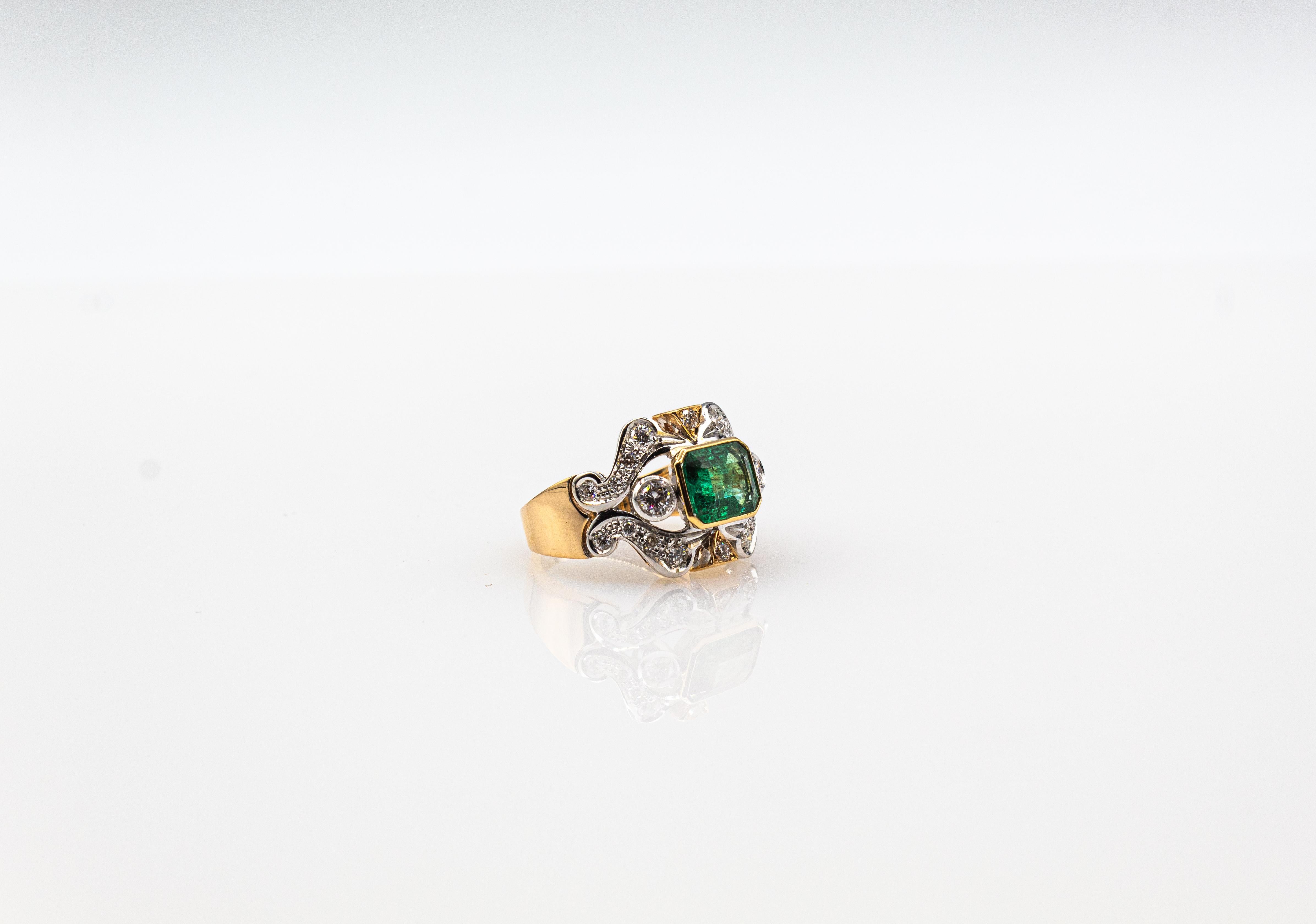 Art Deco Style Octagon Cut Emerald White Diamond Yellow Gold Cocktail Ring 4