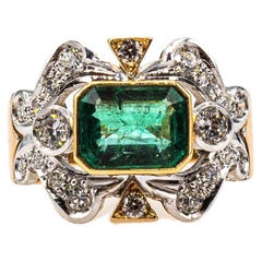 Art Deco Style Octagon Cut Emerald White Diamond Yellow Gold Cocktail Ring