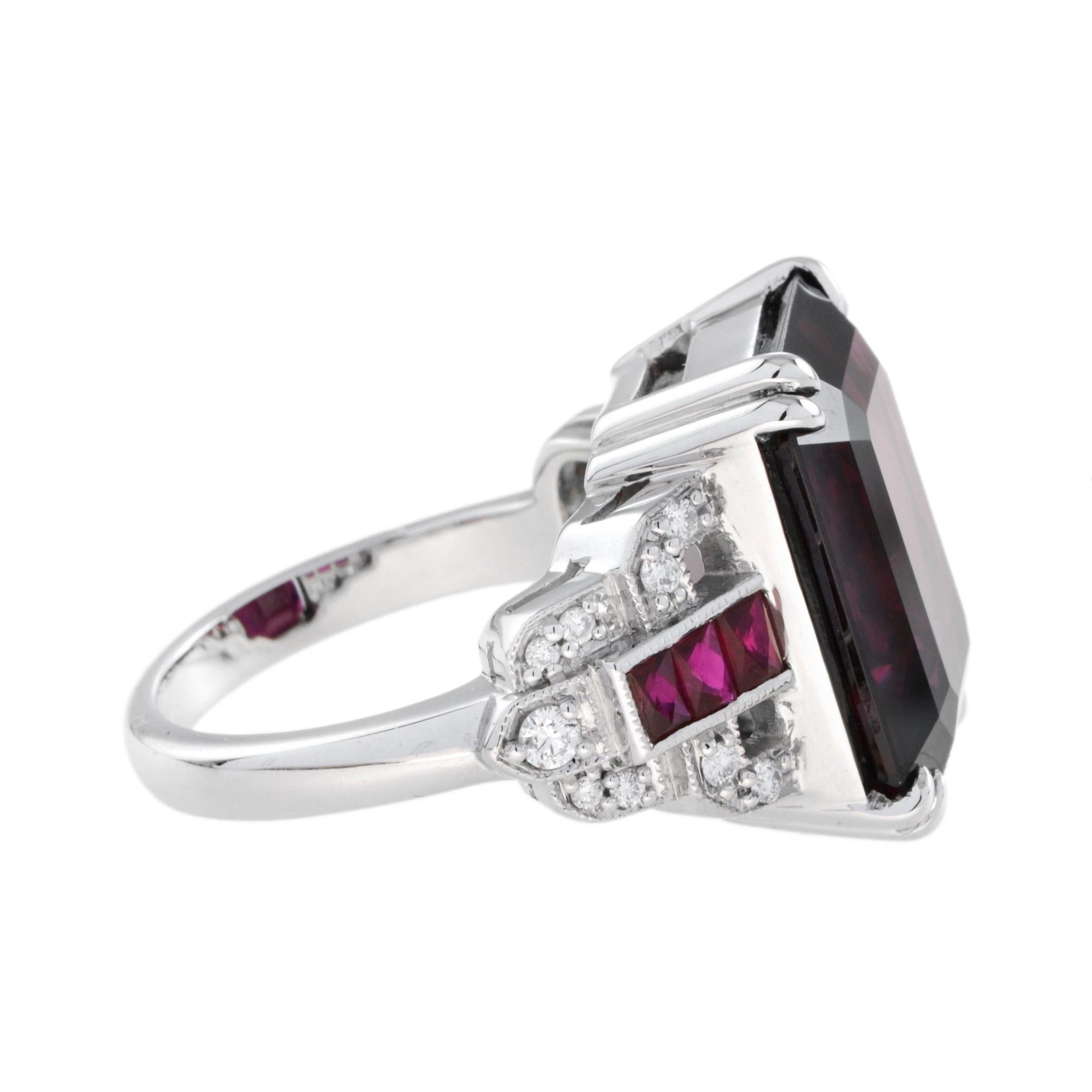 Emerald Cut Art Deco Style Octagon Dark Pink Rhodolite & Ruby Diamond 18K White Gold Ring For Sale