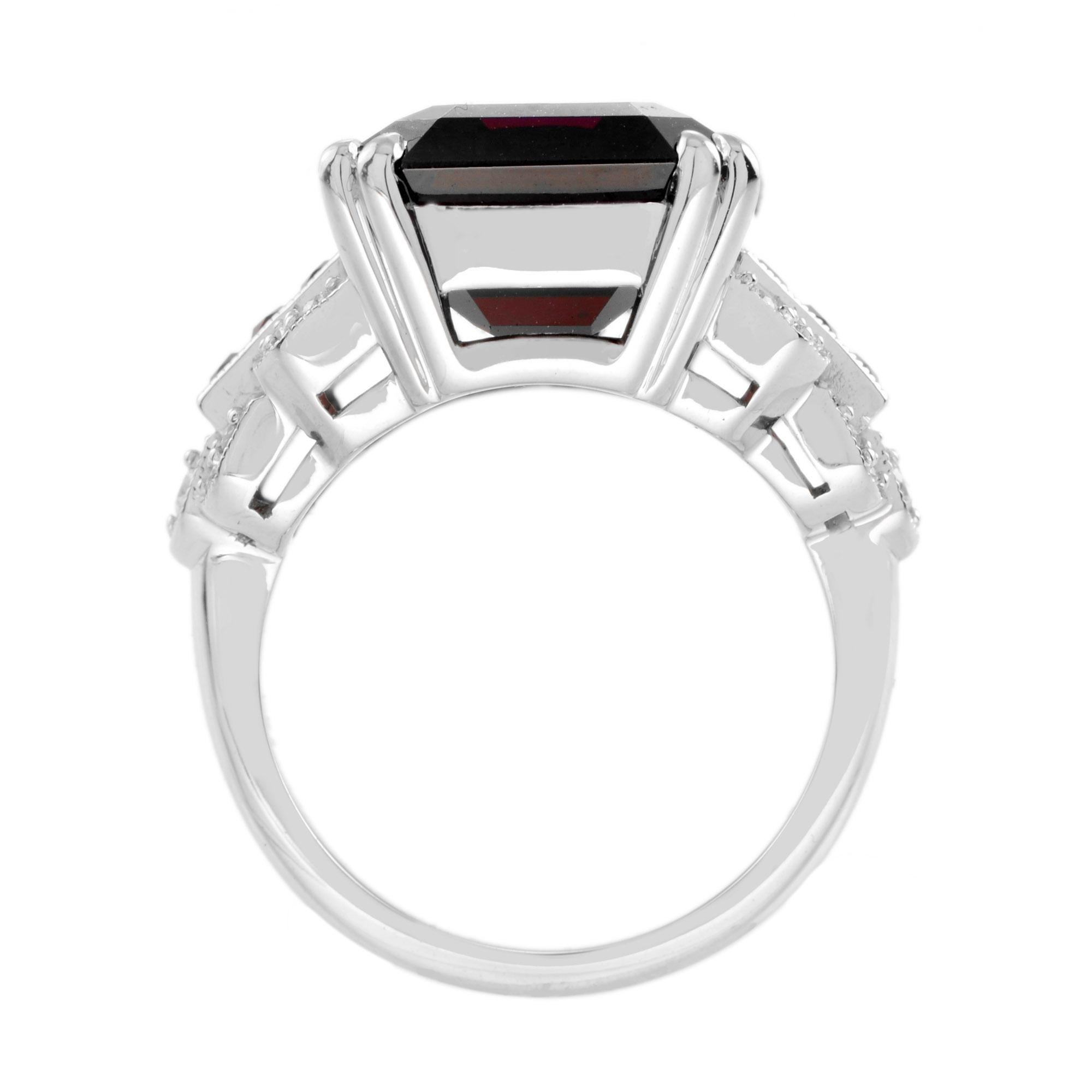 Women's Art Deco Style Octagon Dark Pink Rhodolite & Ruby Diamond 18K White Gold Ring For Sale