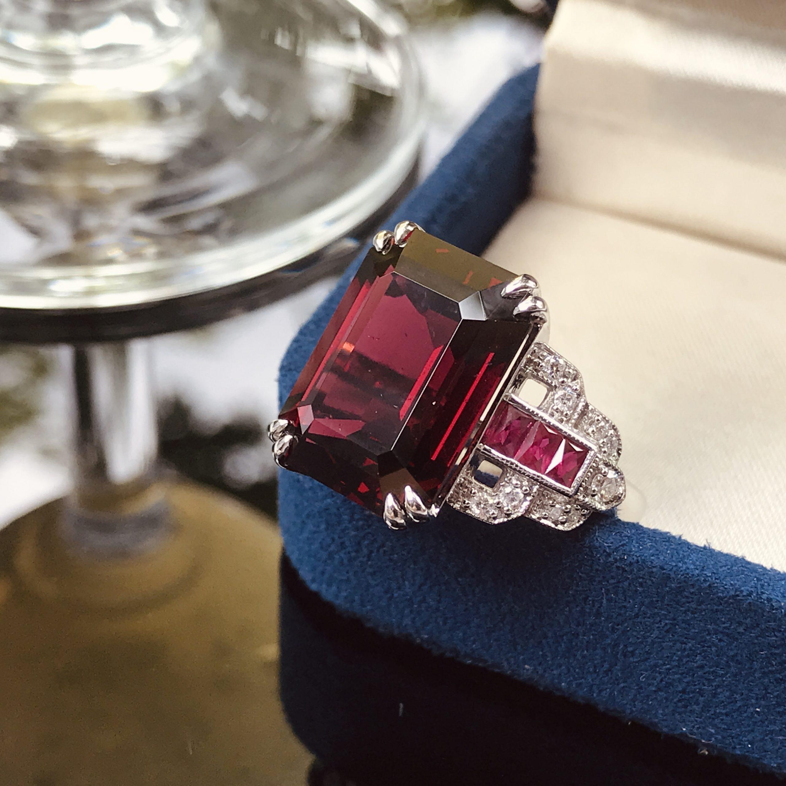 Art Deco Style Octagon Dark Pink Rhodolite & Ruby Diamond 18K White Gold Ring For Sale 1