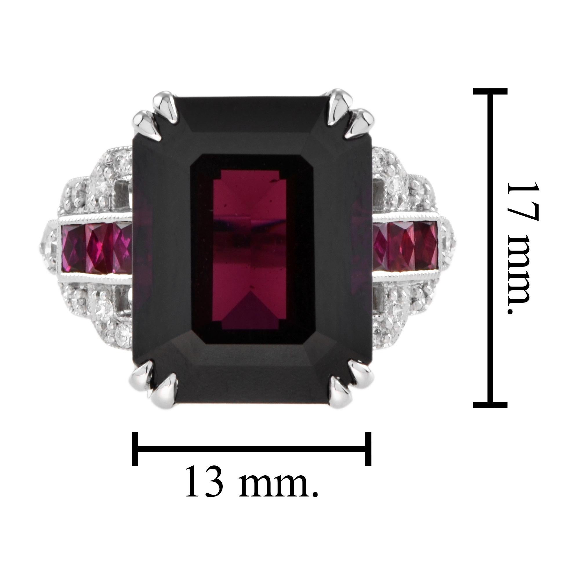 Art Deco Style Octagon Dark Pink Rhodolite & Ruby Diamond 18K White Gold Ring For Sale 3
