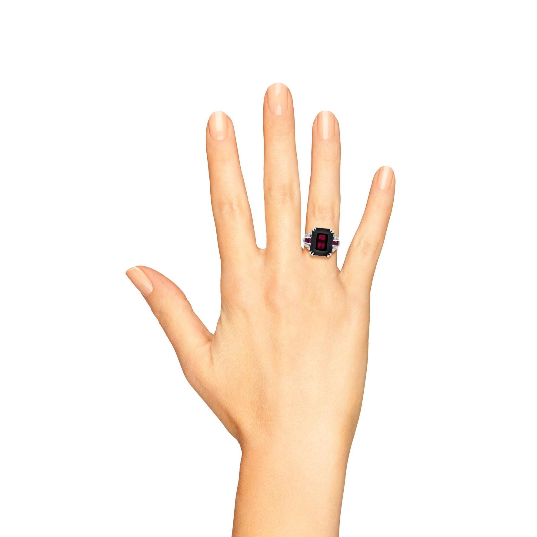 Art Deco Style Octagon Dark Pink Rhodolite & Ruby Diamond 18K White Gold Ring For Sale 4