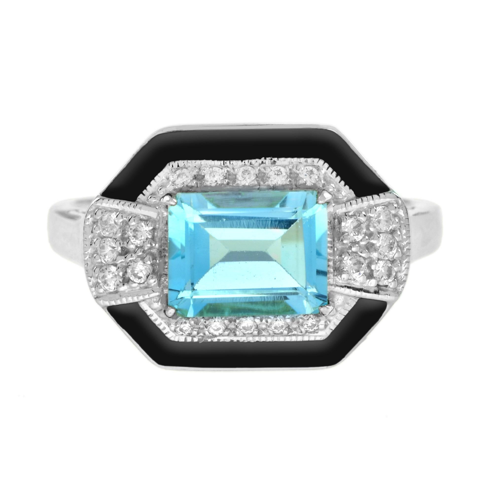 A beautiful Art Deco style features the combination of emerald cut sky blue topaz accent with diamonds and black enamel which represents power, richness and passion. 14K White Gold.
Ring Information
Style: Art Deco
Weight: 5.50 g. (approx. total