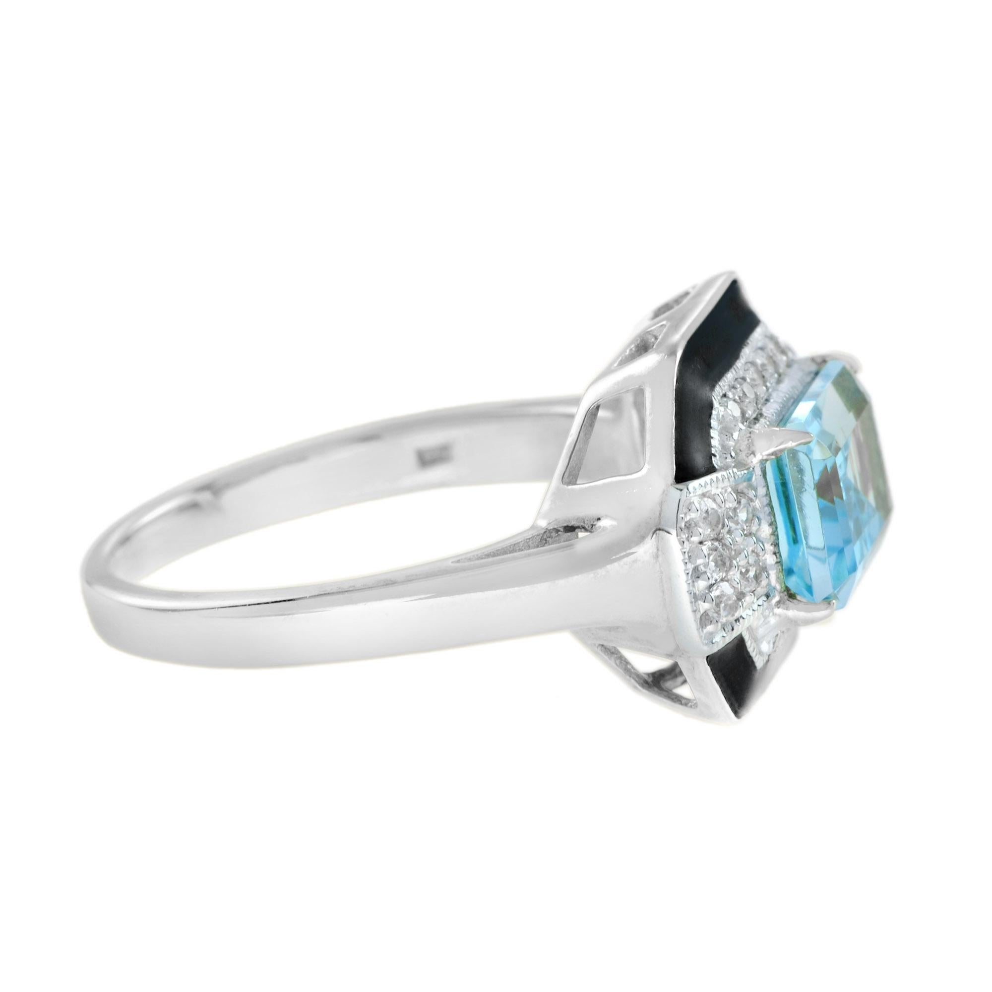 Emerald Cut Art Deco Style Octagon Sky Blue Topaz & Diamond Black Enamel White Gold Ring For Sale