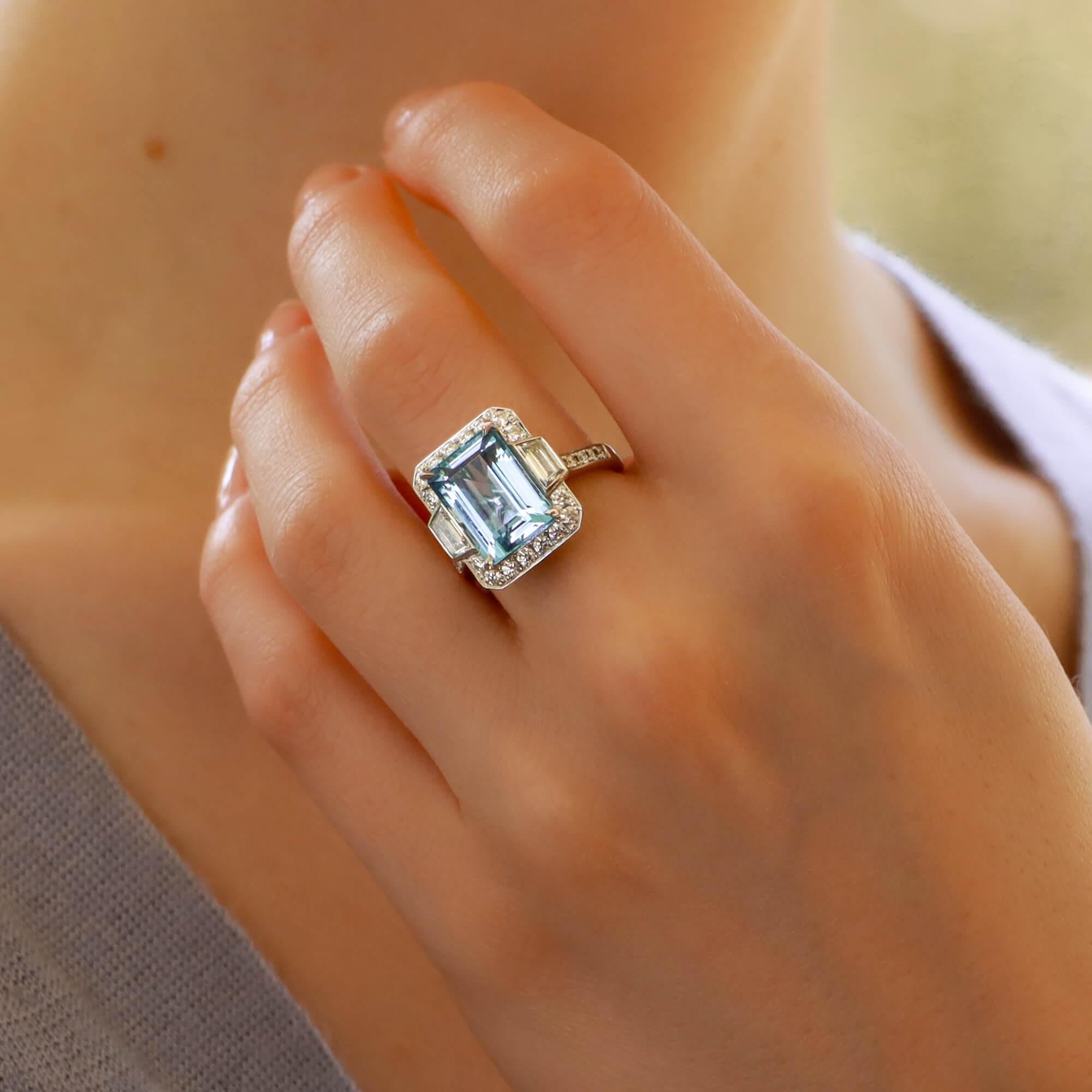 Emerald Cut Art Deco Style Octagonal Aquamarine Cluster Halo Ring Set in Platinum
