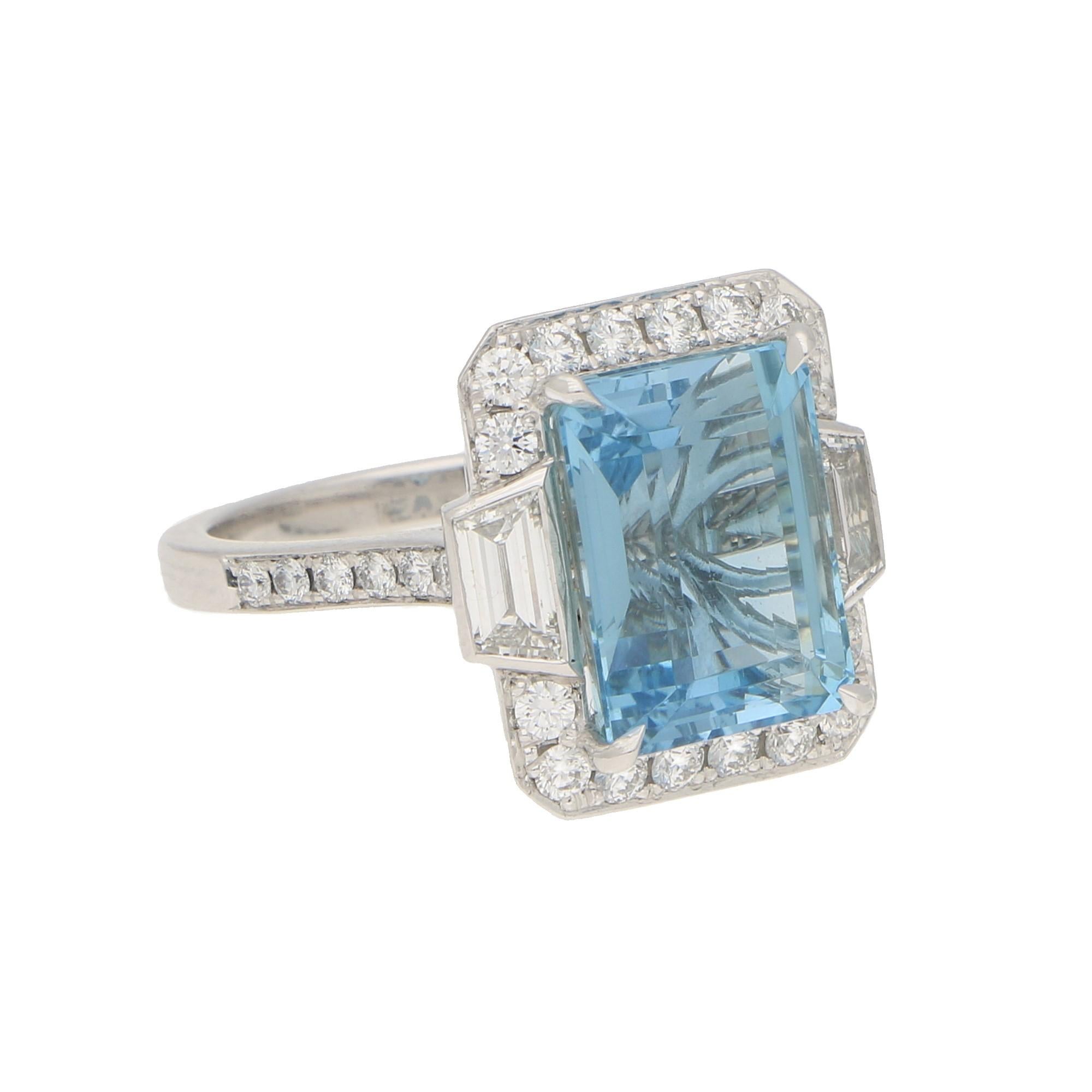 Art Deco Style Octagonal Aquamarine Cluster Halo Ring Set in Platinum In Good Condition In London, GB