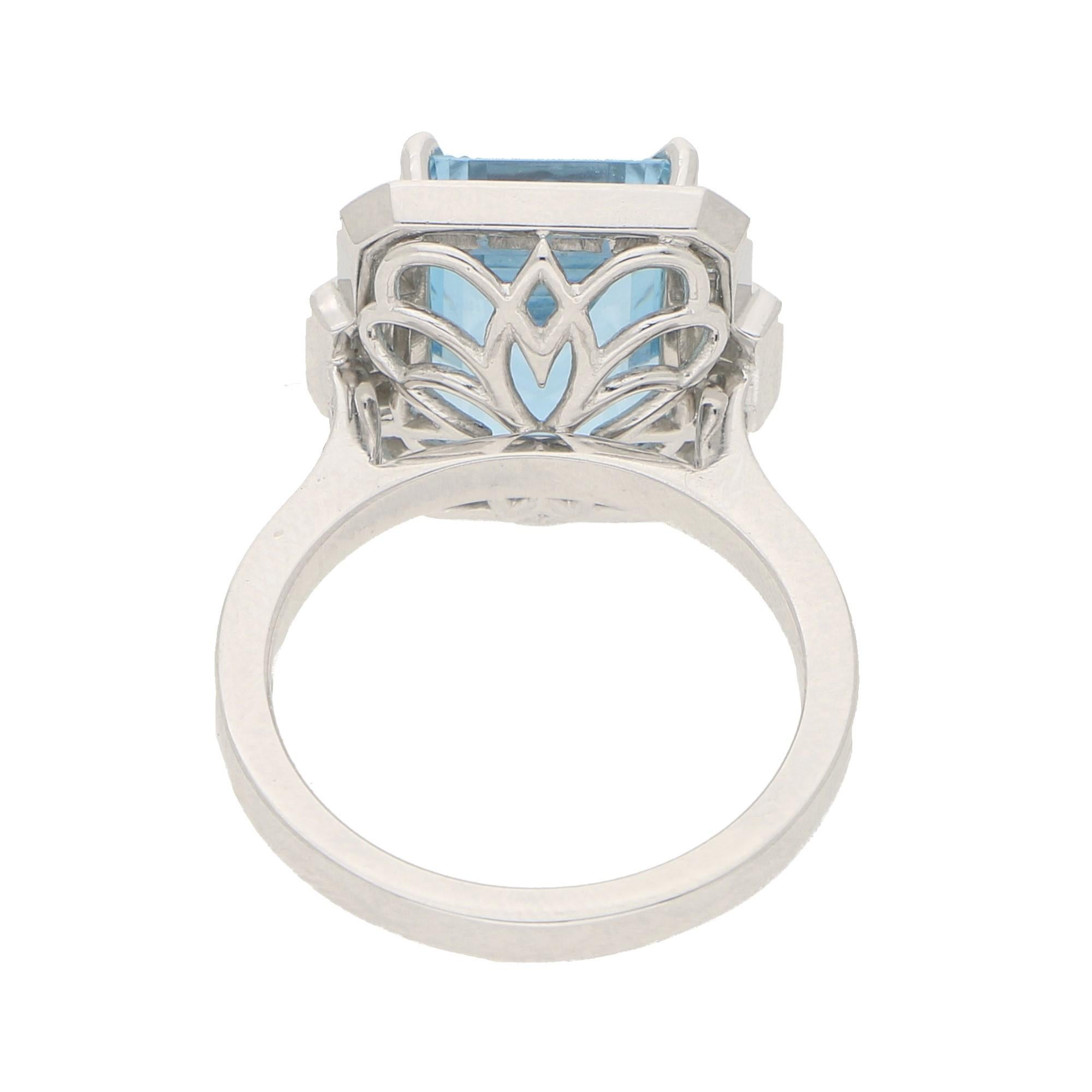 Women's or Men's Art Deco Style Octagonal Aquamarine Cluster Halo Ring Set in Platinum