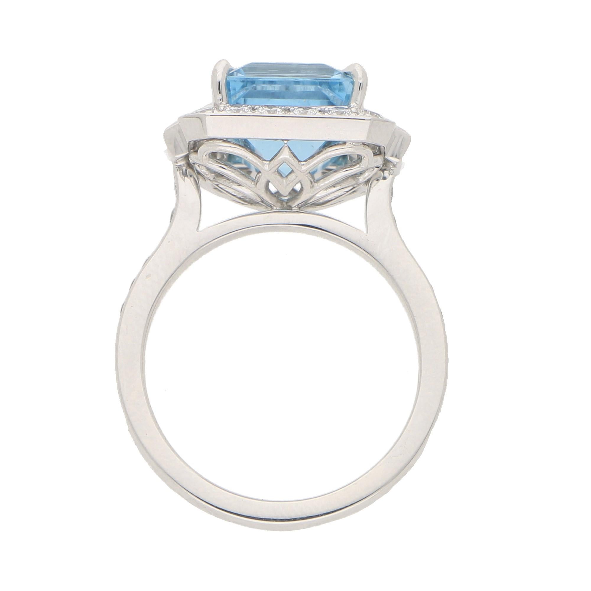 Art Deco Style Octagonal Aquamarine Cluster Halo Ring Set in Platinum 1