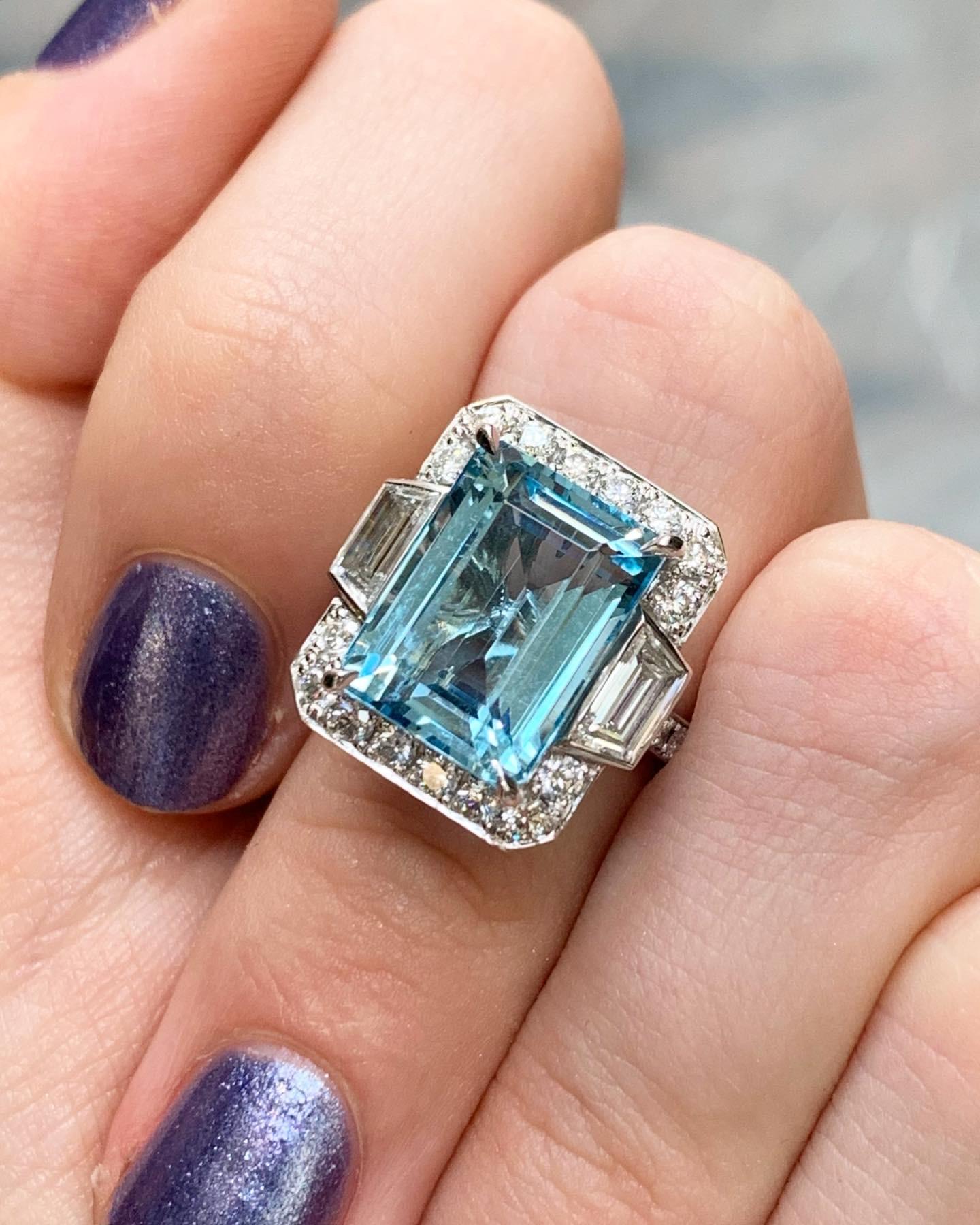 Art Deco Style Octagonal Aquamarine Cluster Halo Ring Set in Platinum 2