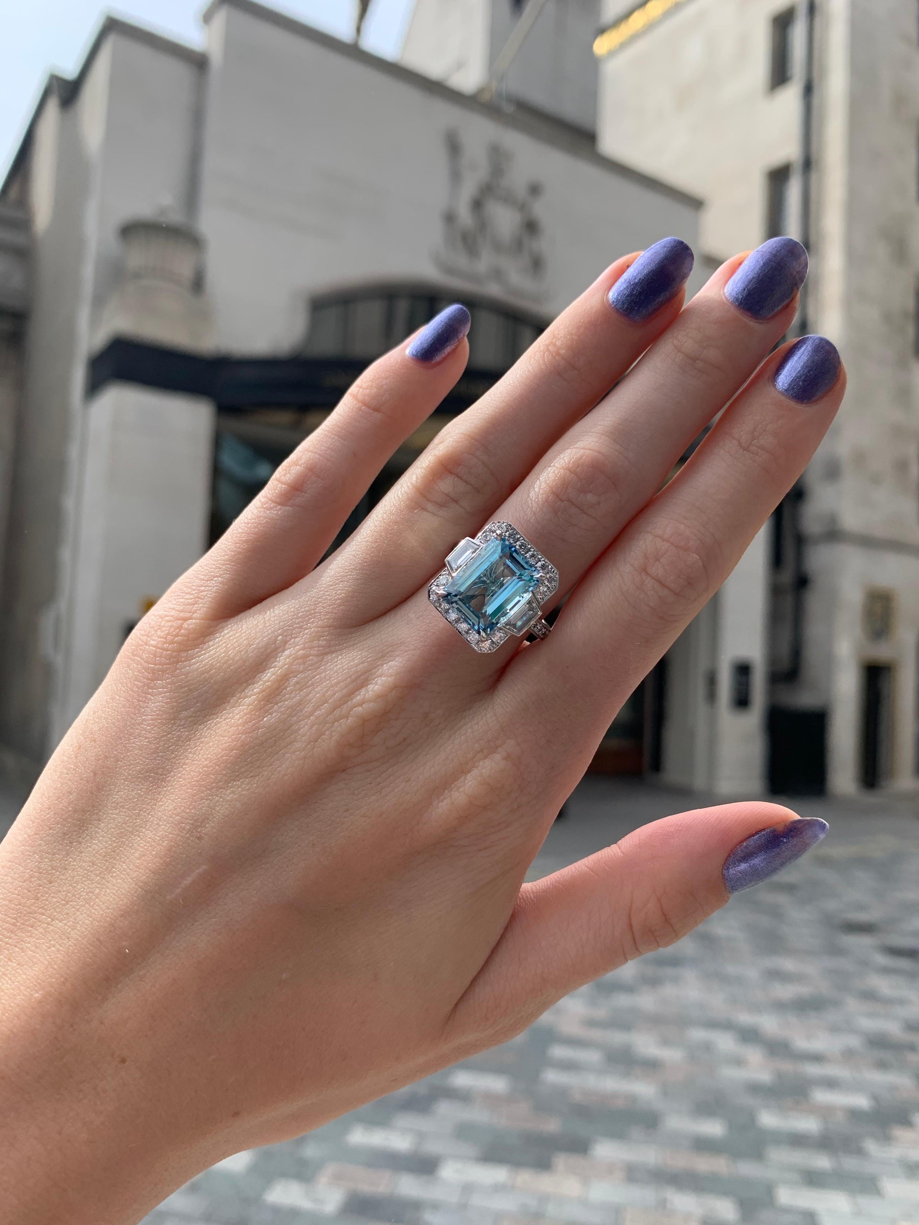Art Deco Style Octagonal Aquamarine Cluster Halo Ring Set in Platinum 3
