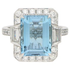 Art Deco Style Octagonal Aquamarine Cluster Halo Ring Set in Platinum